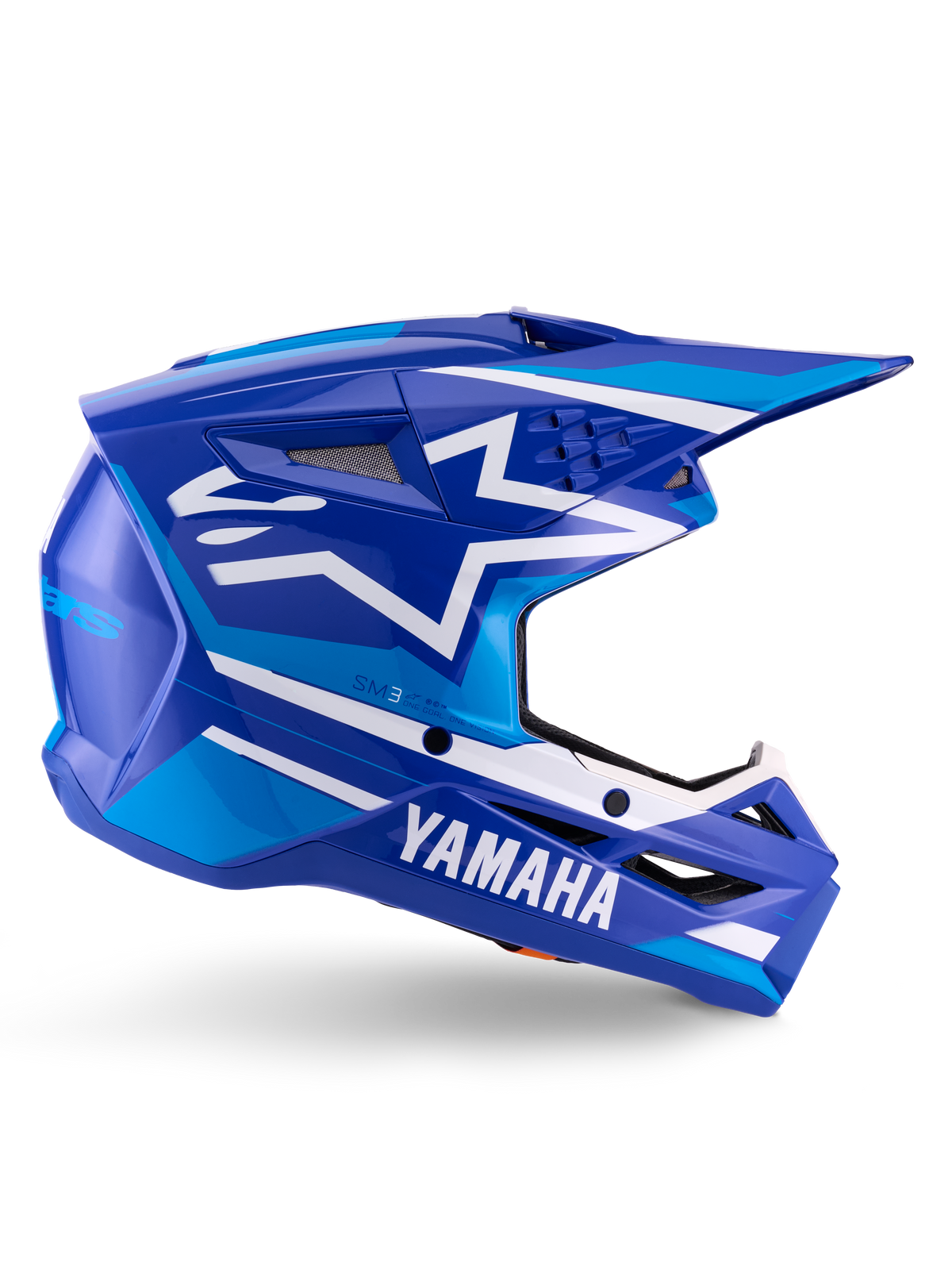 Alpinestars Yamaha S-M3 Helmet ECE 22.06, Motocross Racing Helmet, Blue and White Glossy, featuring bold Yamaha branding and geometric patterns, aerodynamic design with black mesh vents and a pointed visor, professional off-road gear