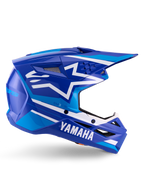 Alpinestars Yamaha S-M3 helm ECE 22.06, motorcrosshelm, blauw en wit glanzend, met opvallende Yamaha-branding en geometrische patronen, aerodynamisch ontwerp met zwarte mesh ventilatieopeningen en een puntig vizier, professionele off-road uitrusting