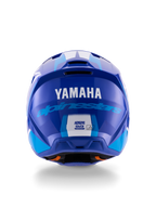 Alpinestars Yamaha S-M3 helm, motorcrosshelm, blauw wit glanzend, achteraanzicht met wit YAMAHA-logo en blauwe Alpinestars-tekst, strakke glanzende afwerking met zichtbare ventilatiepoorten en veiligheidscertificeringslabels.