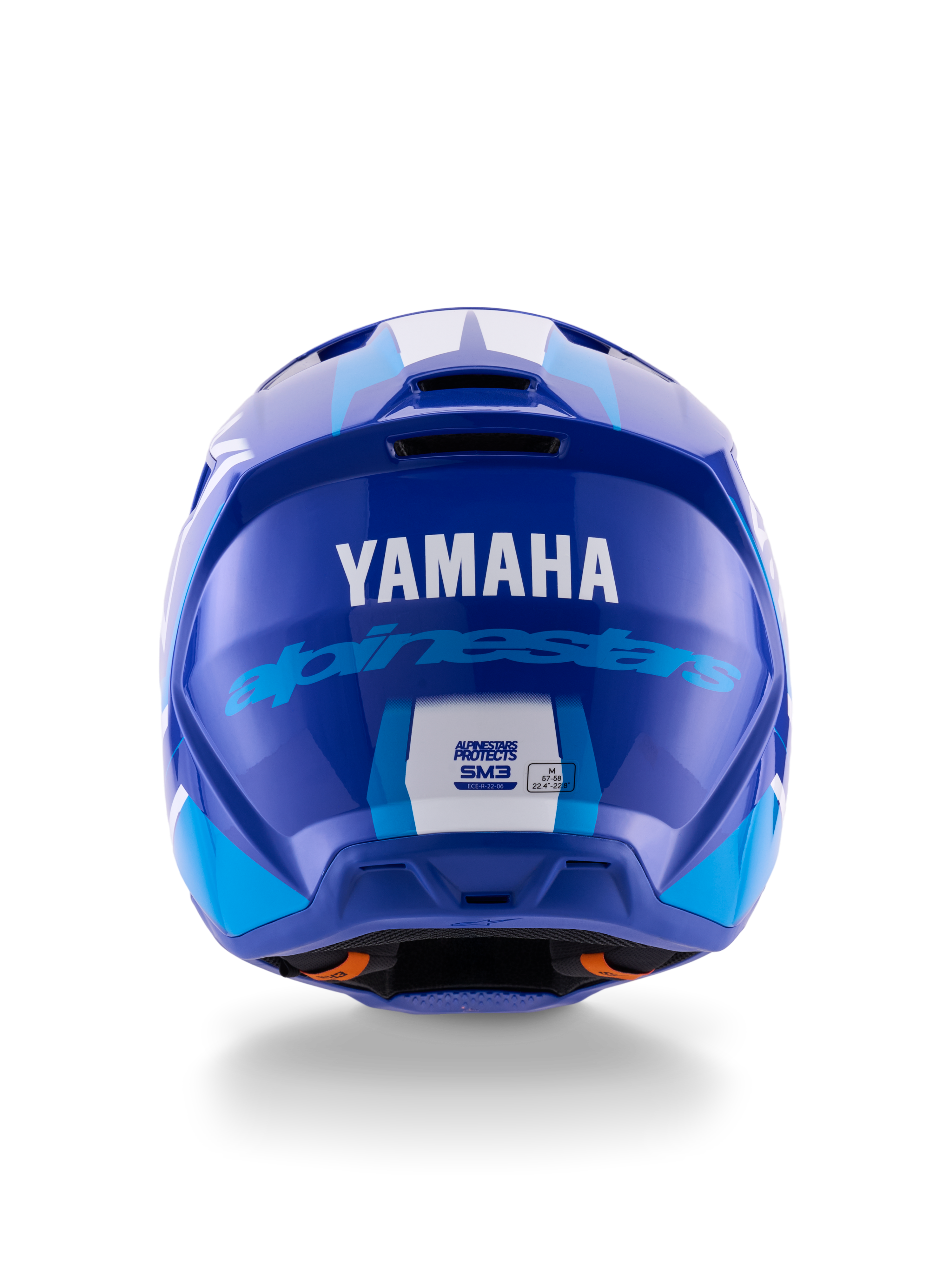 Alpinestars Yamaha S-M3 helm, motorcrosshelm, blauw wit glanzend, achteraanzicht met wit YAMAHA-logo en blauwe Alpinestars-tekst, strakke glanzende afwerking met zichtbare ventilatiepoorten en veiligheidscertificeringslabels.