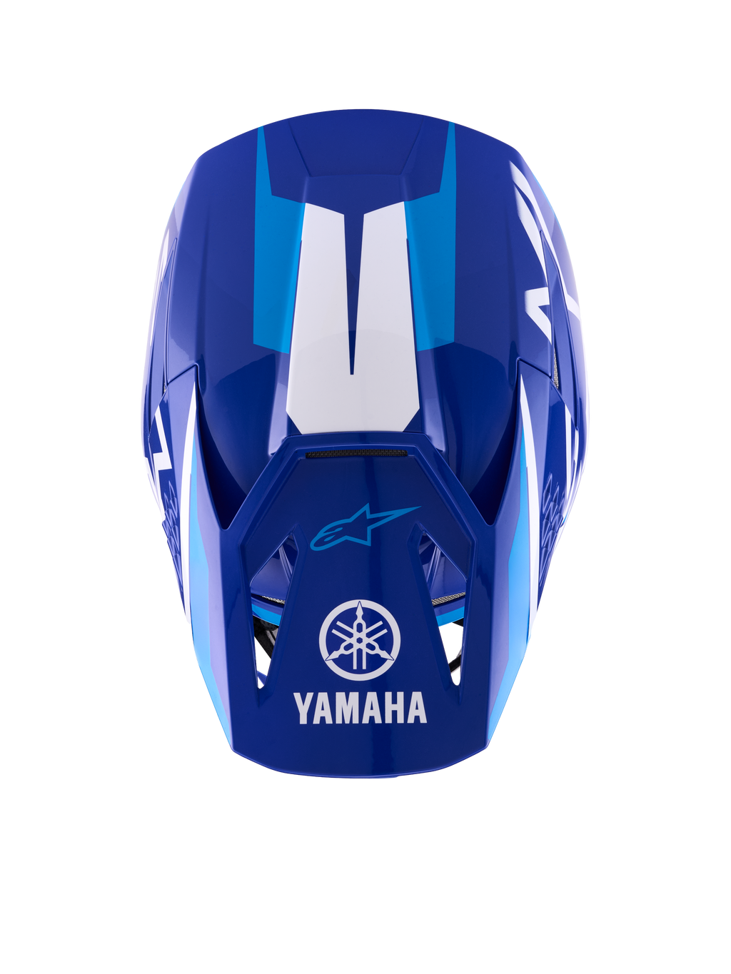 Alpinestars Yamaha S-M3 helm, motorcrosshelm, glanzend blauw en wit, bovenaanzicht van het vizier met wit Yamaha-logo en woordmerk, lichtblauwe grafische accenten, agressief aerodynamisch schaalontwerp
