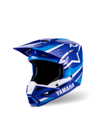 Casque de motocross pour enfant Alpinestars Yamaha S-M3, finition brillante bleue et blanche, logos Yamaha et Alpinestars bien visibles, visière aérodynamique, large ouverture et mentonnière ventilée pour la performance en tout-terrain.