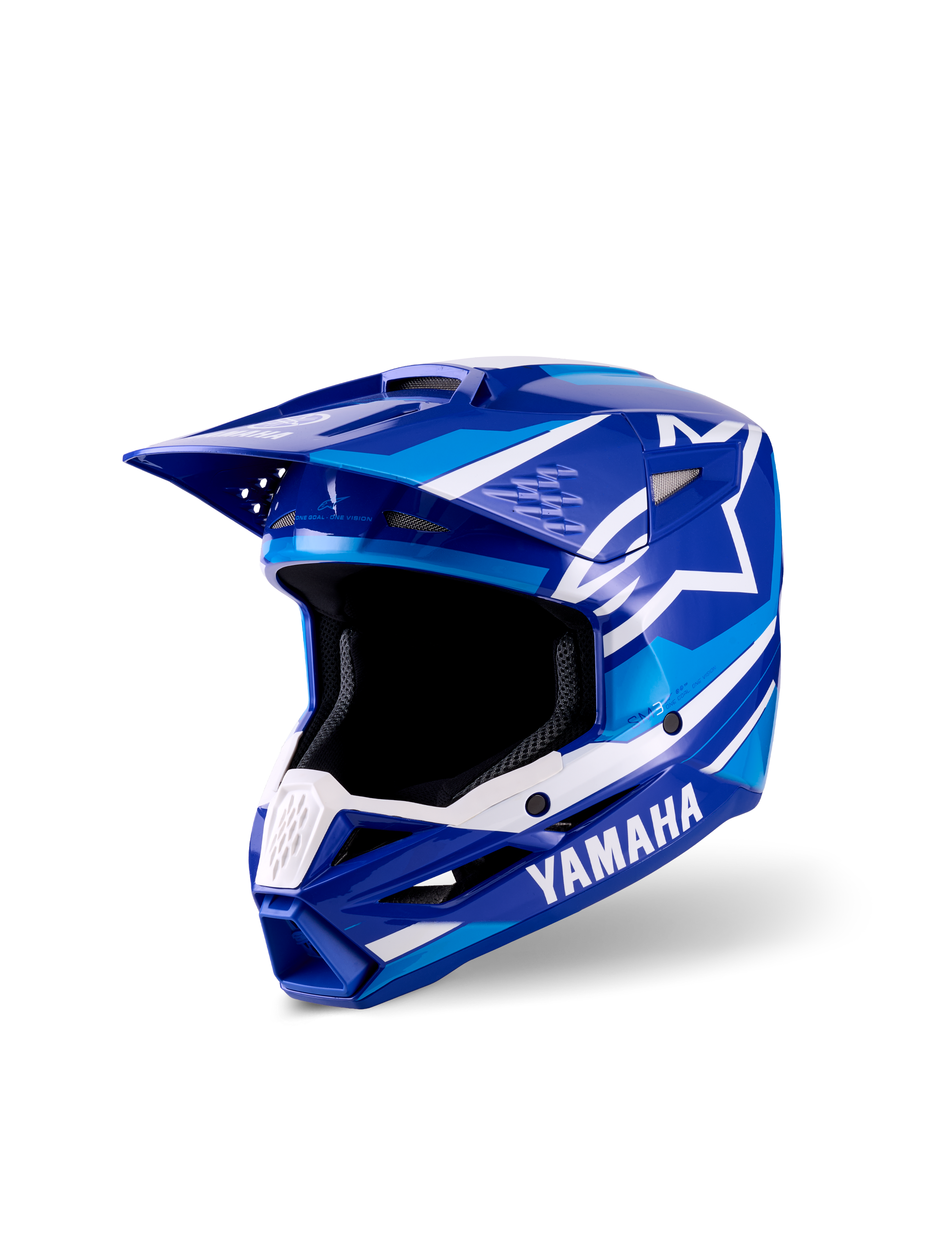 Casque de motocross pour enfant Alpinestars Yamaha S-M3, finition brillante bleue et blanche, logos Yamaha et Alpinestars bien visibles, visière aérodynamique, large ouverture et mentonnière ventilée pour la performance en tout-terrain.