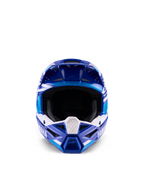 Casque de motocross Alpinestars Yamaha S-M3 Youth, bleu et blanc brillant, vue de face soulignant la large ouverture faciale et le design agressif de la mentonnière, avec logo Yamaha et motifs géométriques, protection de tête tout-terrain professionnelle pour jeunes pilotes
