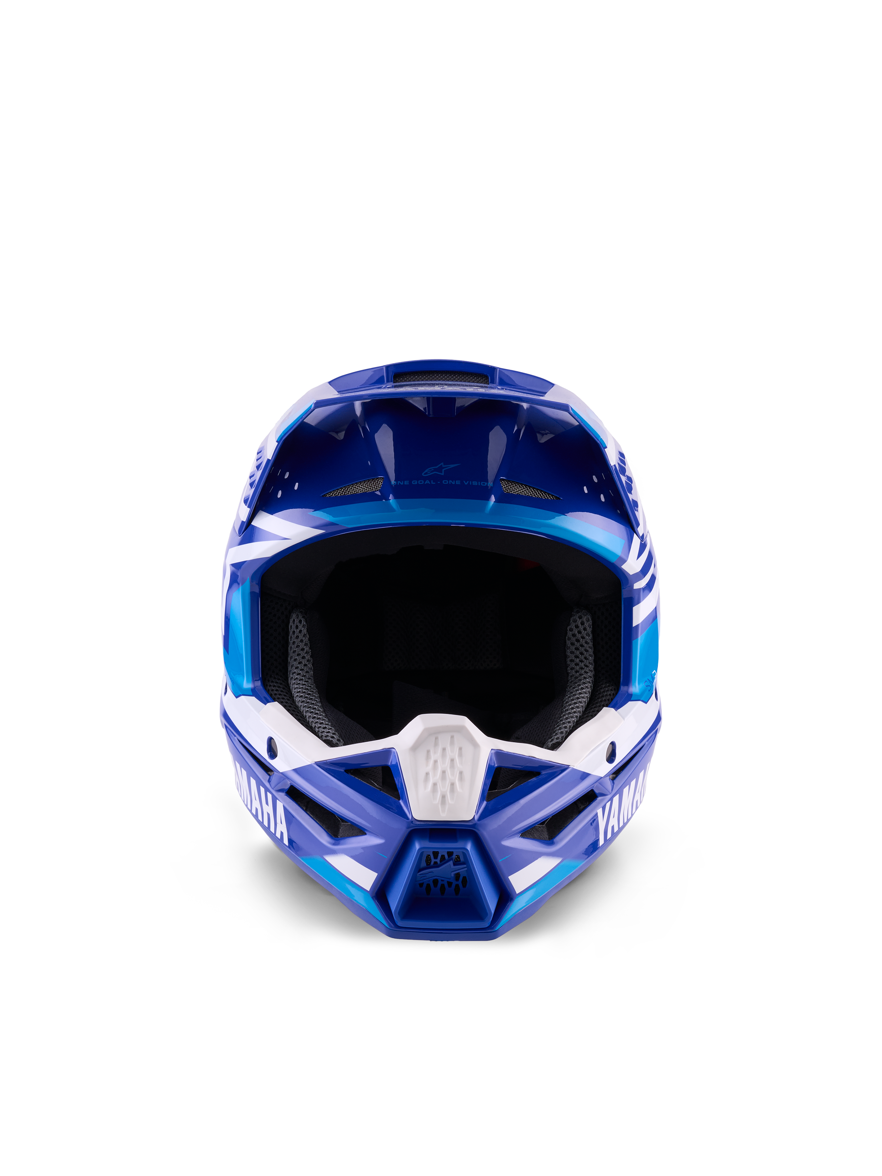 Casque de motocross Alpinestars Yamaha S-M3 Youth, bleu et blanc brillant, vue de face soulignant la large ouverture faciale et le design agressif de la mentonnière, avec logo Yamaha et motifs géométriques, protection de tête tout-terrain professionnelle pour jeunes pilotes
