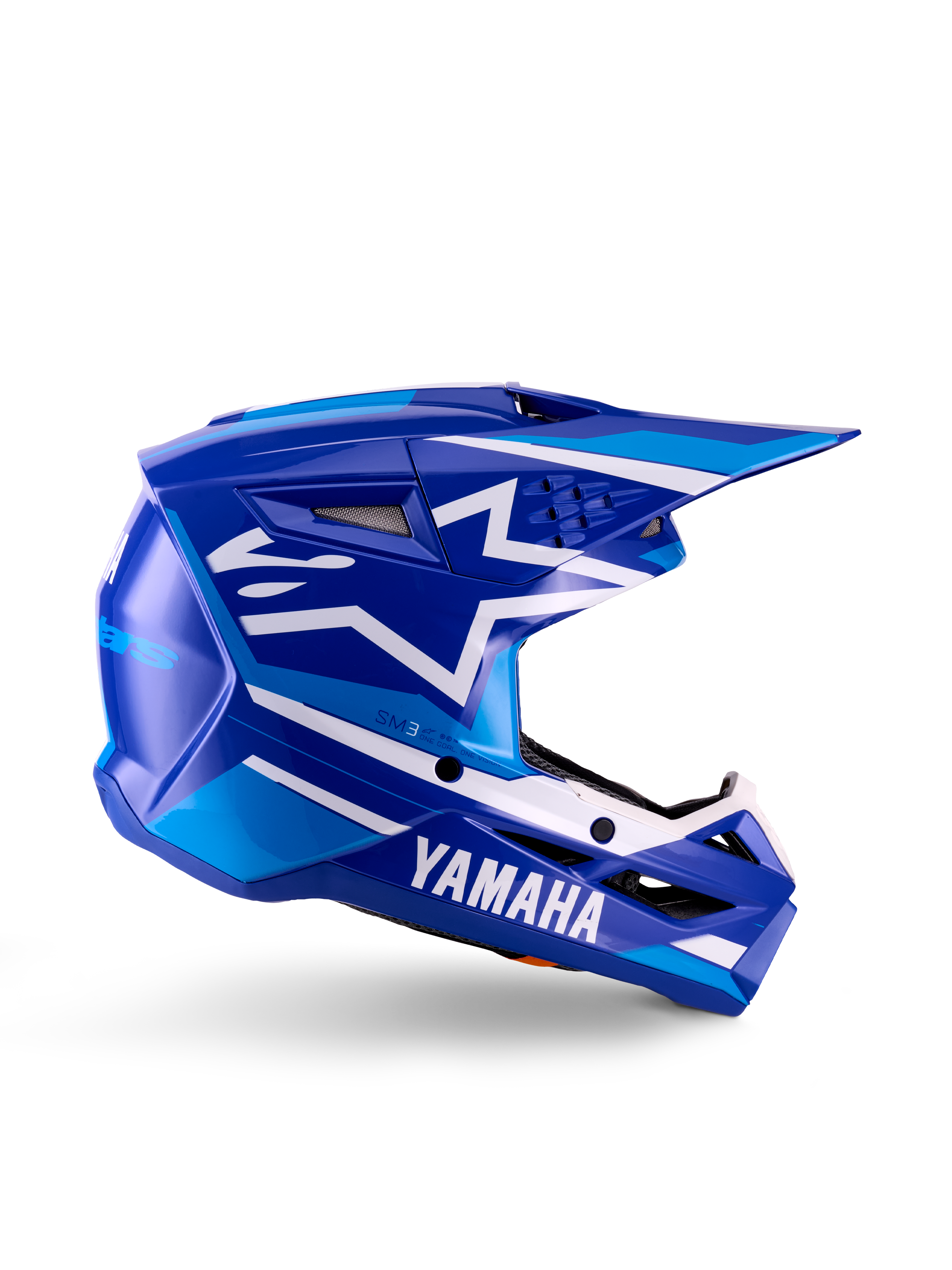 Casque de motocross Yamaha S-M3 Youth, bleu et blanc brillant, vue de profil avec marquage Yamaha imposant et logo étoile Alpinestars, design géométrique avec accents bleu clair, coque ventilée avec longue visière, protection certifiée ECE 22.06