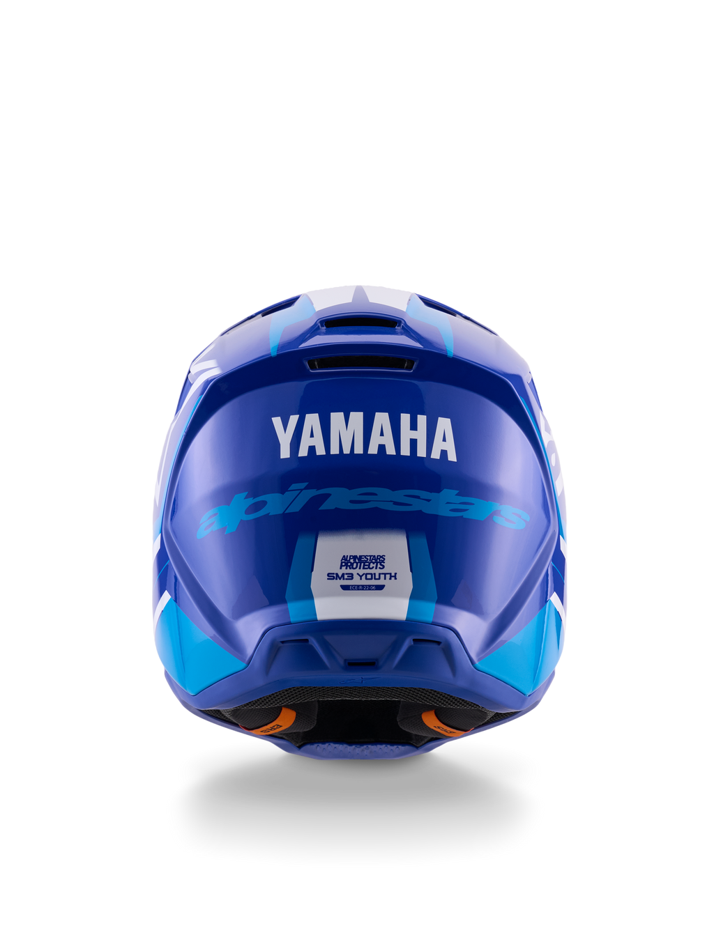 Casque de motocross Yamaha S-M3 pour jeunes, vue arrière, bleu et blanc brillant, arborant les logos Yamaha et Alpinestars, conception de coque aérodynamique avec étiquette de certification de sécurité ECE 22.06, protection de tête professionnelle pour la course tout-terrain
