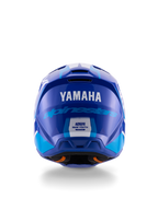 Casque de motocross Yamaha S-M3 pour jeunes, vue arrière, bleu et blanc brillant, arborant les logos Yamaha et Alpinestars, conception de coque aérodynamique avec étiquette de certification de sécurité ECE 22.06, protection de tête professionnelle pour la course tout-terrain