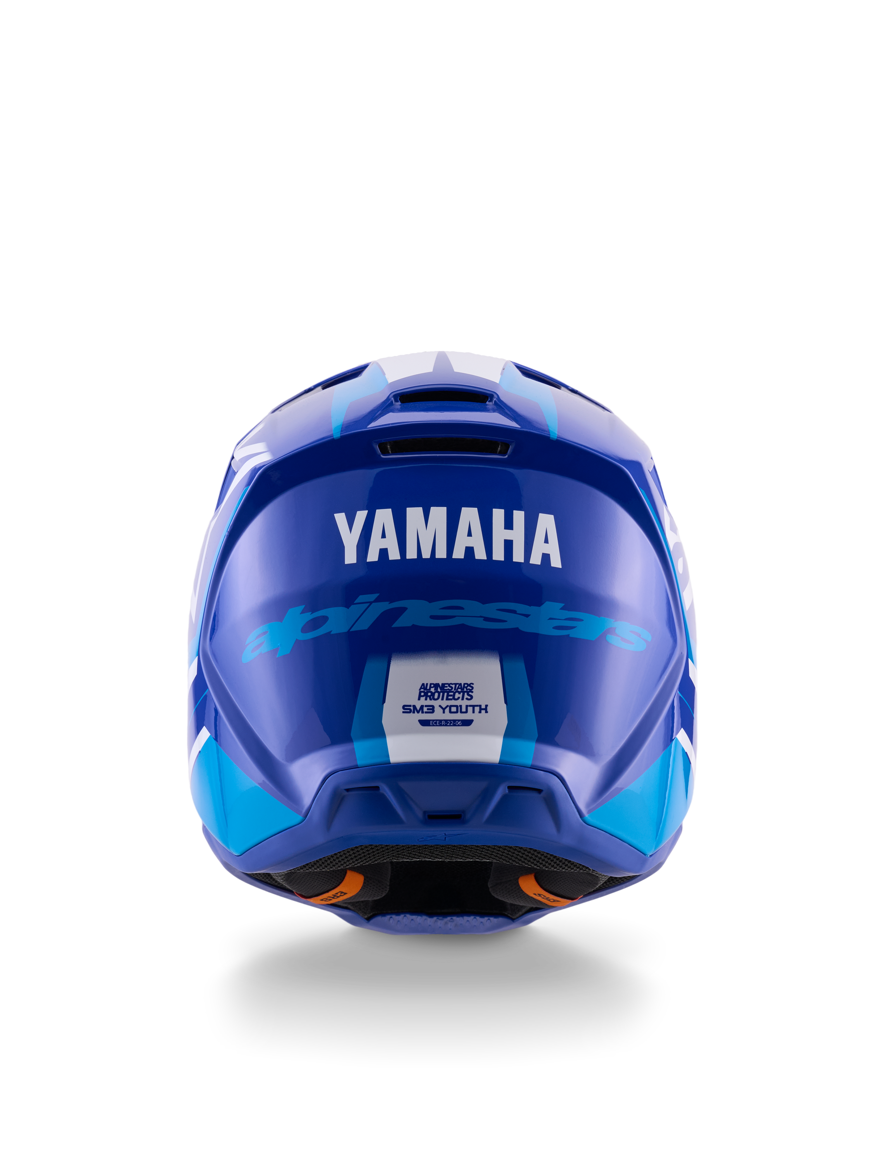 Casque de motocross Yamaha S-M3 pour jeunes, vue arrière, bleu et blanc brillant, arborant les logos Yamaha et Alpinestars, conception de coque aérodynamique avec étiquette de certification de sécurité ECE 22.06, protection de tête professionnelle pour la course tout-terrain