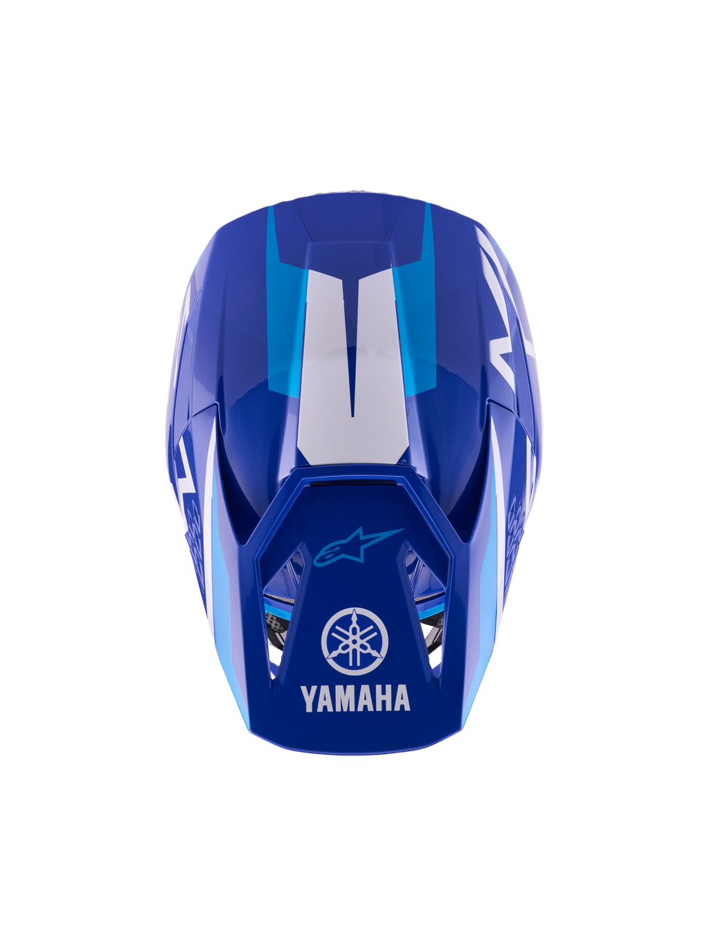 Casque de motocross Alpinestars Yamaha S-M3 Youth, bleu et blanc brillant, vue de dessus montrant la coque extérieure et la visière, arborant les logos Yamaha et Alpinestars, design aérodynamique avec finition brillante et accents graphiques blancs.