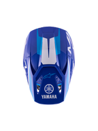 Casque de motocross Alpinestars Yamaha S-M3 Youth, bleu et blanc brillant, vue de dessus montrant la coque extérieure et la visière, arborant les logos Yamaha et Alpinestars, design aérodynamique avec finition brillante et accents graphiques blancs.
