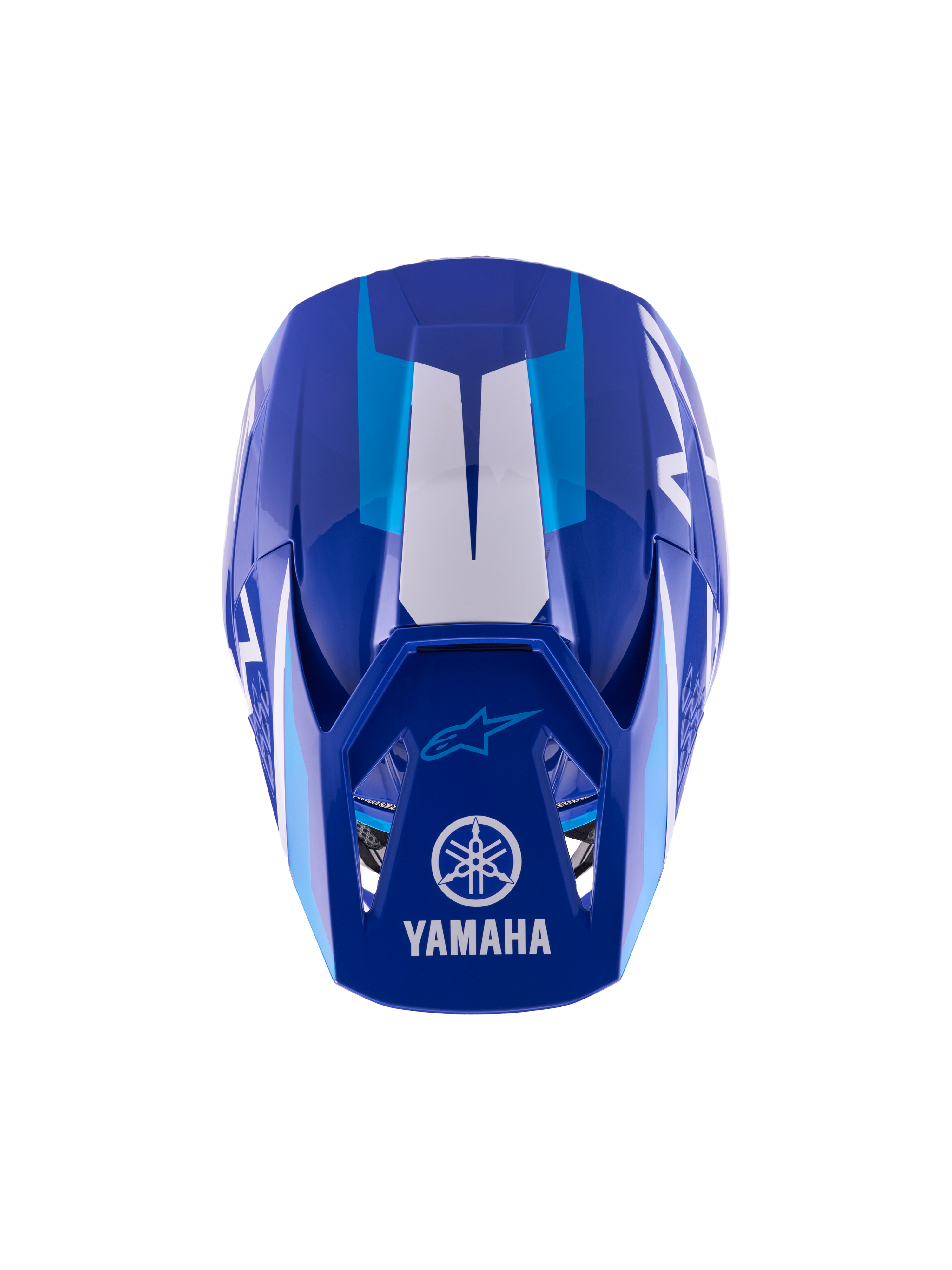 Casque de motocross Alpinestars Yamaha S-M3 Youth, bleu et blanc brillant, vue de dessus montrant la coque extérieure et la visière, arborant les logos Yamaha et Alpinestars, design aérodynamique avec finition brillante et accents graphiques blancs.