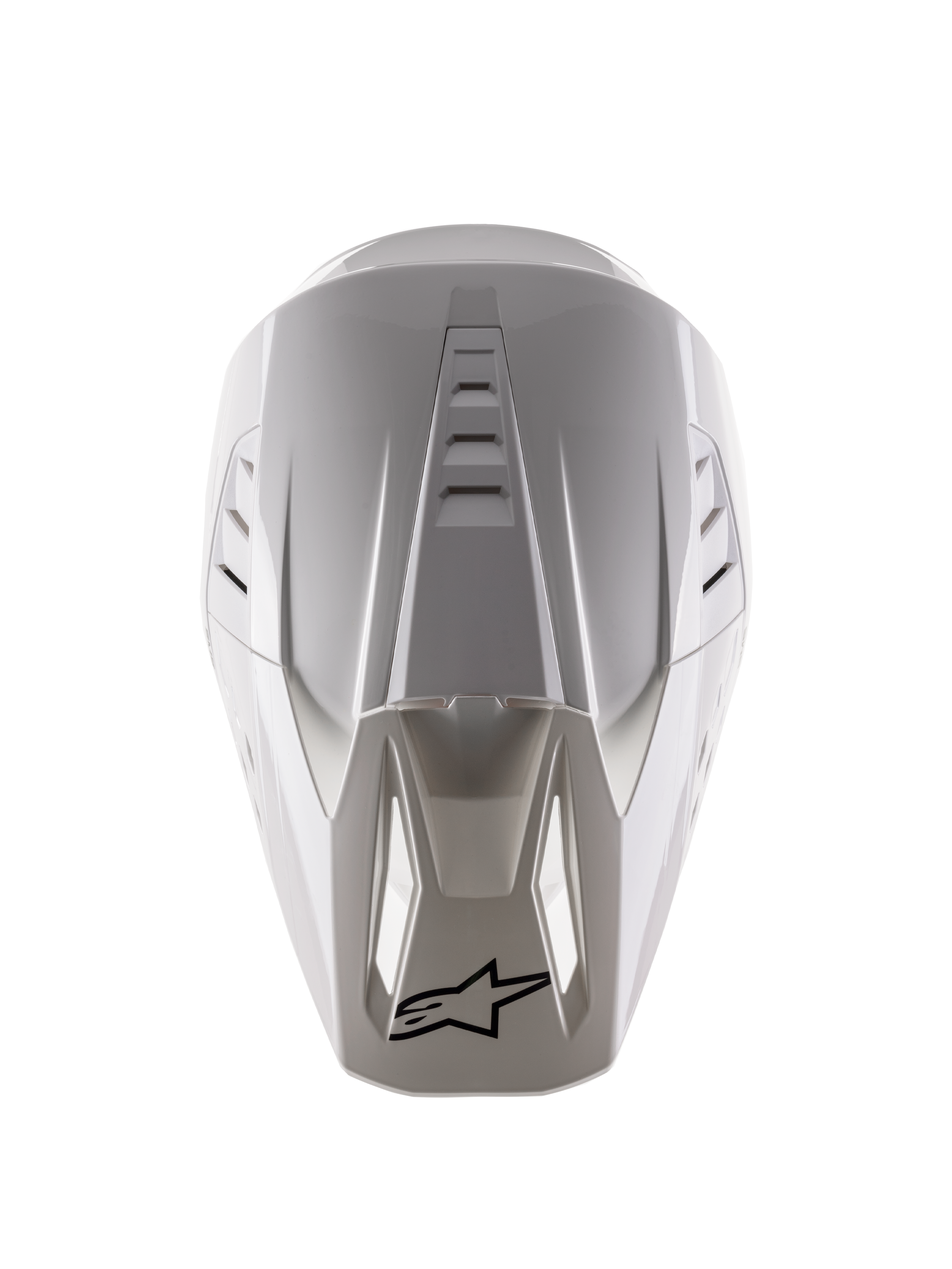 Alpinestars S-M5 Solid Helmet ECE 22.06, Motocross Helmet, White Glossy, overhead view showing top air vents and black logo on the visor tip