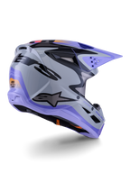 Casque Alpinestars S-M3 Jettson Junior, casque de motocross, gris, violet et noir brillant, vue de trois-quarts arrière, doté d'une visière violette, d'un logo Alpinestars noir et de multiples orifices de ventilation, design épuré pour la compétition tout-terrain junior