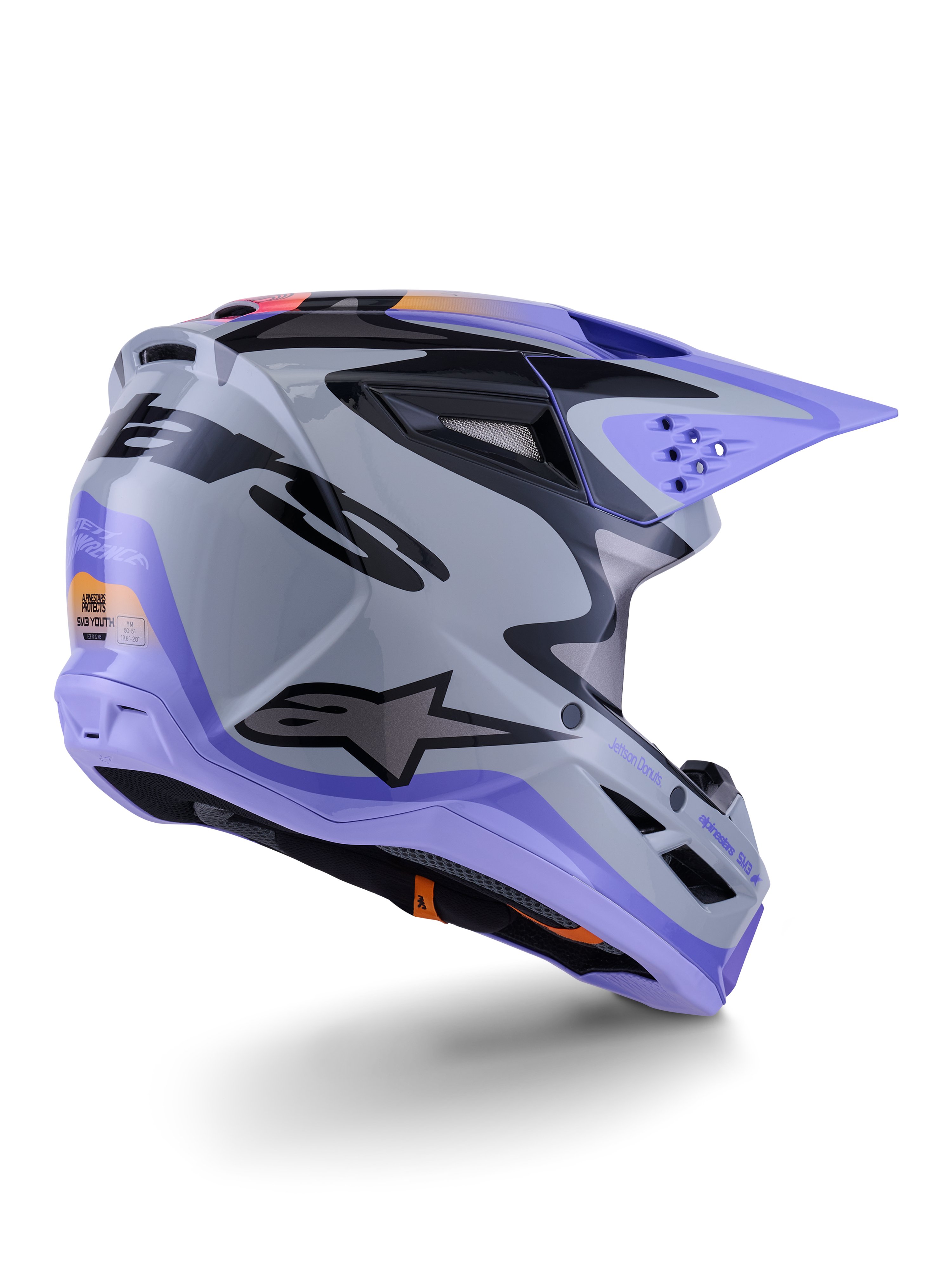 Casque Alpinestars S-M3 Jettson Junior, casque de motocross, gris, violet et noir brillant, vue de trois-quarts arrière, doté d'une visière violette, d'un logo Alpinestars noir et de multiples orifices de ventilation, design épuré pour la compétition tout-terrain junior
