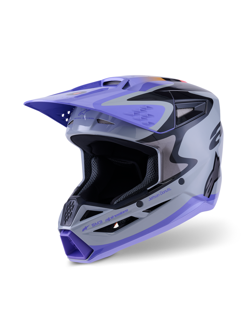 Casque Alpinestars S-M3 Jettson Junior ECE 22.06, casque de motocross, gris, violet et noir brillant, avec visière et mentonnière violettes, coque aérodynamique avec ports de ventilation en maille, graphismes audacieux pour la compétition tout-terrain junior