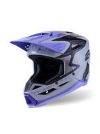 Casque Alpinestars S-M3 Jettson Junior ECE 22.06, casque de motocross, gris, violet et noir brillant, avec visière et mentonnière violettes, coque aérodynamique avec ports de ventilation en maille, graphismes audacieux pour la compétition tout-terrain junior