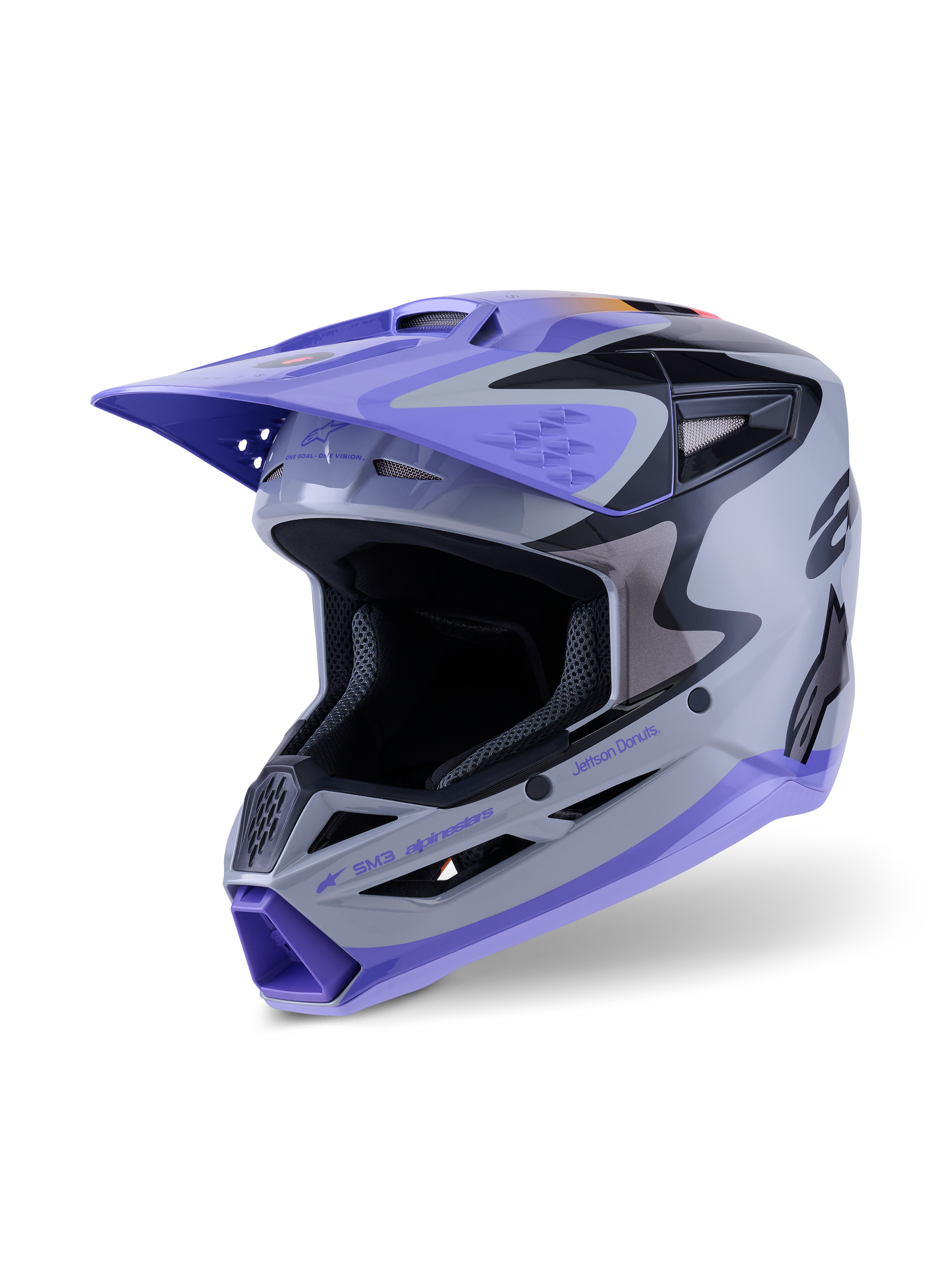 Casque Alpinestars S-M3 Jettson Junior ECE 22.06, casque de motocross, gris, violet et noir brillant, avec visière et mentonnière violettes, coque aérodynamique avec ports de ventilation en maille, graphismes audacieux pour la compétition tout-terrain junior