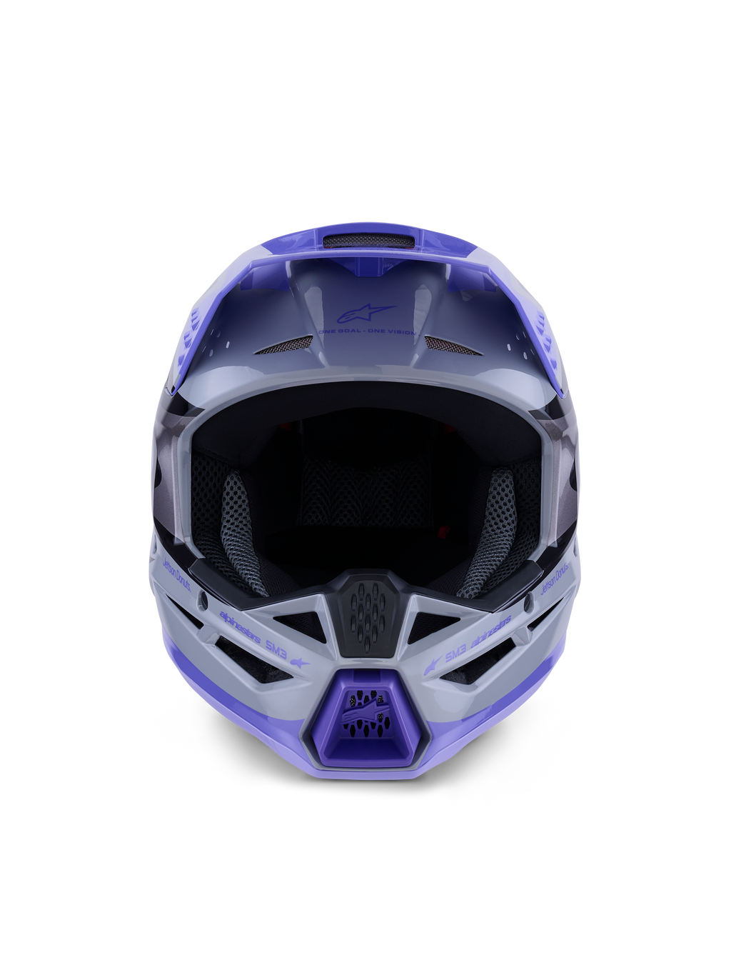 Casque Alpinestars S-M3 Jettson, casque de motocross, gris, violet et noir brillant, vue de face présentant une large ouverture pour les yeux et une mentonnière ventilée avec des accents violets, coque thermo-injectée au design épuré pour des performances tout-terrain