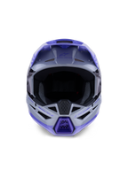 Casque Alpinestars S-M3 Jettson Junior, casque de motocross, finition brillante gris, violet et noir, vue de face montrant une large ouverture pour les lunettes et une mentonnière ventilée, protection de tête professionnelle pour le tout-terrain.