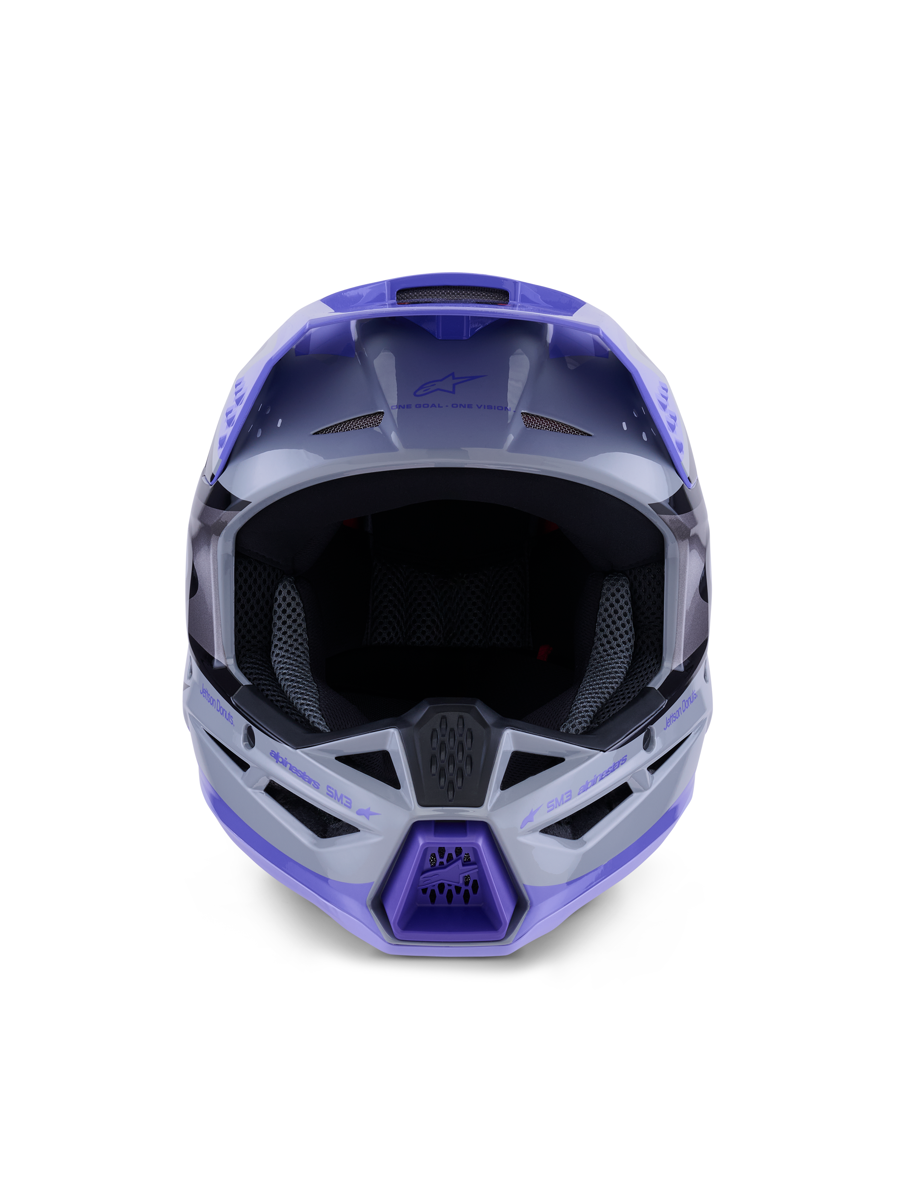 Casque Alpinestars S-M3 Jettson Junior, casque de motocross, finition brillante gris, violet et noir, vue de face montrant une large ouverture pour les lunettes et une mentonnière ventilée, protection de tête professionnelle pour le tout-terrain.