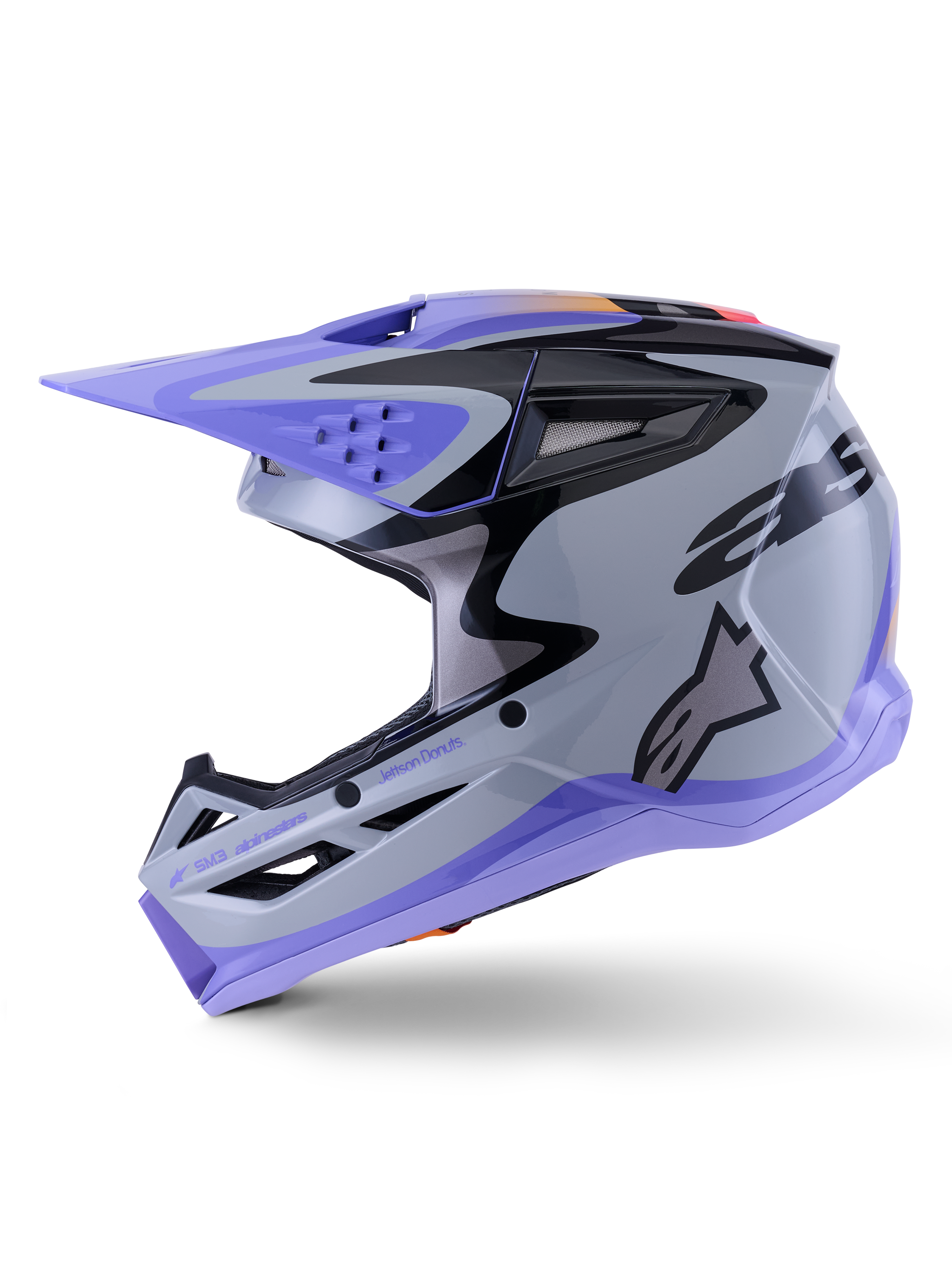 Casque enfant Alpinestars S-M3 Jettson, casque de motocross, gris, violet et noir brillant, avec visière et bordure inférieure violettes, motifs graphiques noirs avec logo latéral, protection de tête professionnelle pour la course tout-terrain enfant