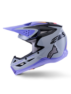 Casque Alpinestars S-M3 Jettson, casque de motocross, gris, violet et noir brillant, vue de profil avec graphismes élégants et visière réglable, doté de multiples ports de ventilation et du logo Alpinestars, protection tout-terrain haute performance