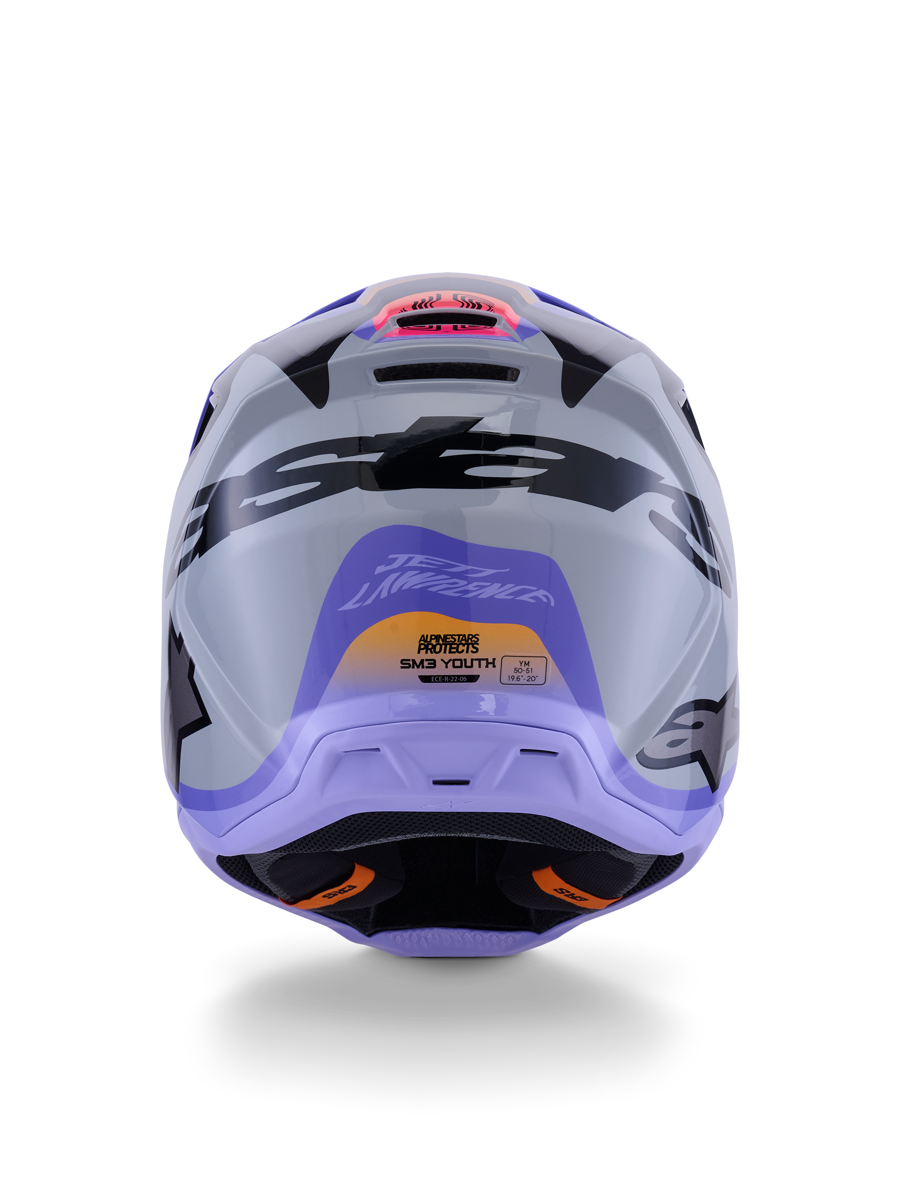 Casque Alpinestars S-M3 Jettson Junior ECE 22.06, casque de motocross, vue arrière en gris, violet et noir brillant, avec le graphisme signature de Jett Lawrence, des logos noirs imposants et des ports de ventilation, finition brillante pour la course tout-terrain