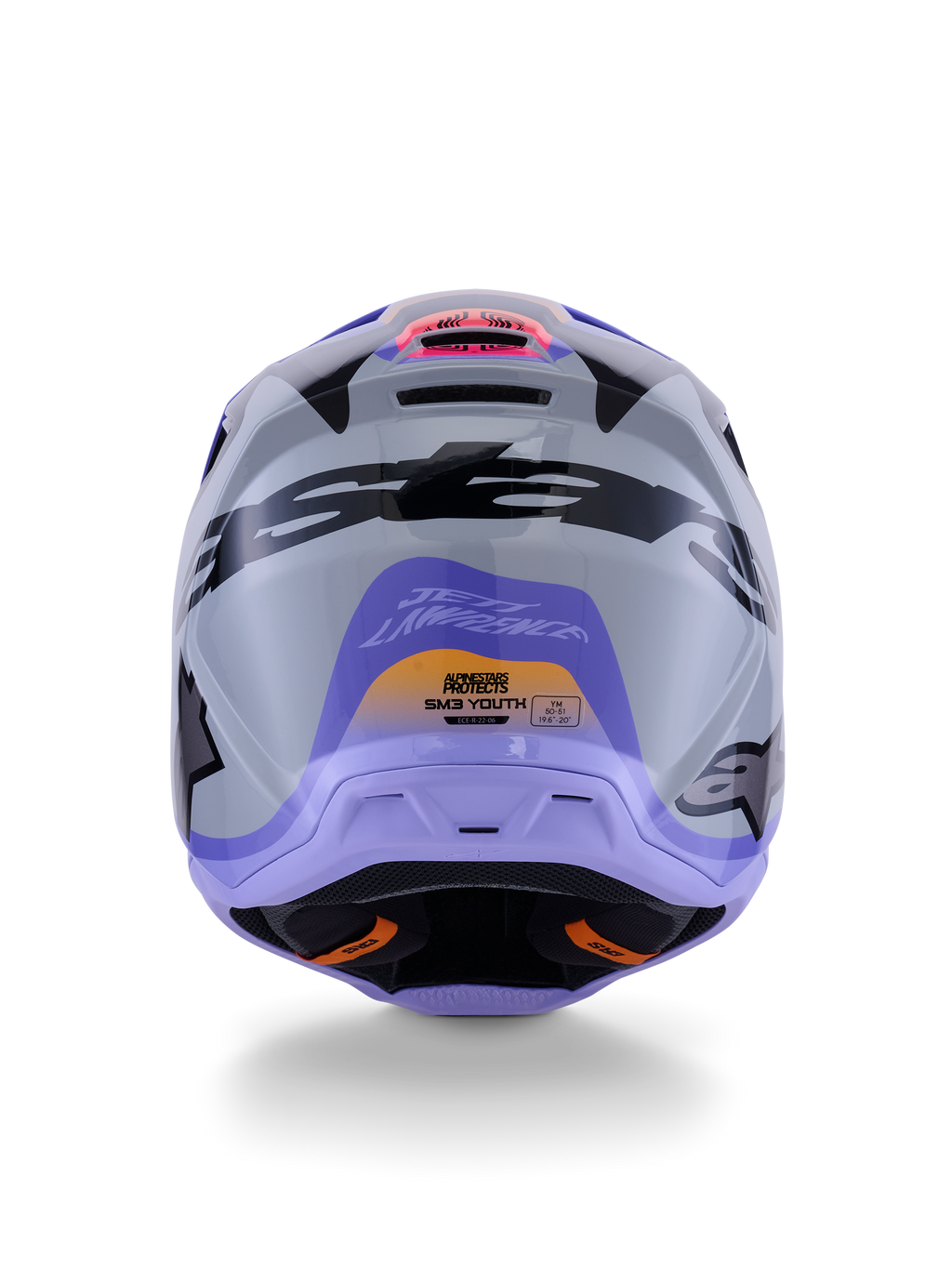 Casque Alpinestars S-M3 Jettson pour enfant, vue arrière, gris avec graphismes brillants violets et noirs, arborant le design signature de Jett Lawrence et les logos Alpinestars, casque de motocross tout-terrain