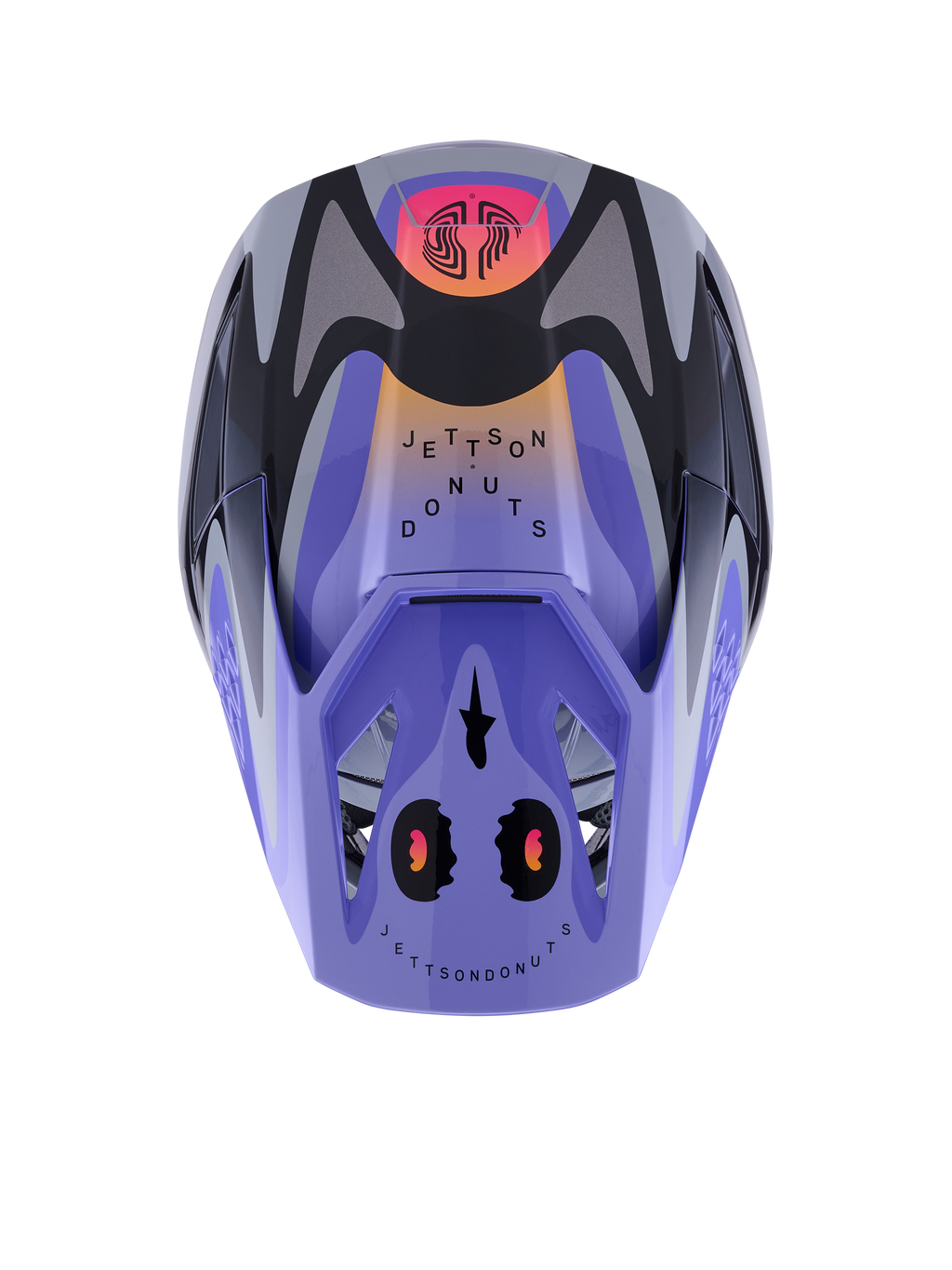 Casque enfant Alpinestars S-M3 Jettson, casque de motocross, gris, violet et noir brillant, vue de dessus présentant les motifs graphiques « Jettson Donuts » sur une base lavande, détails noirs et gris, et visière de protection