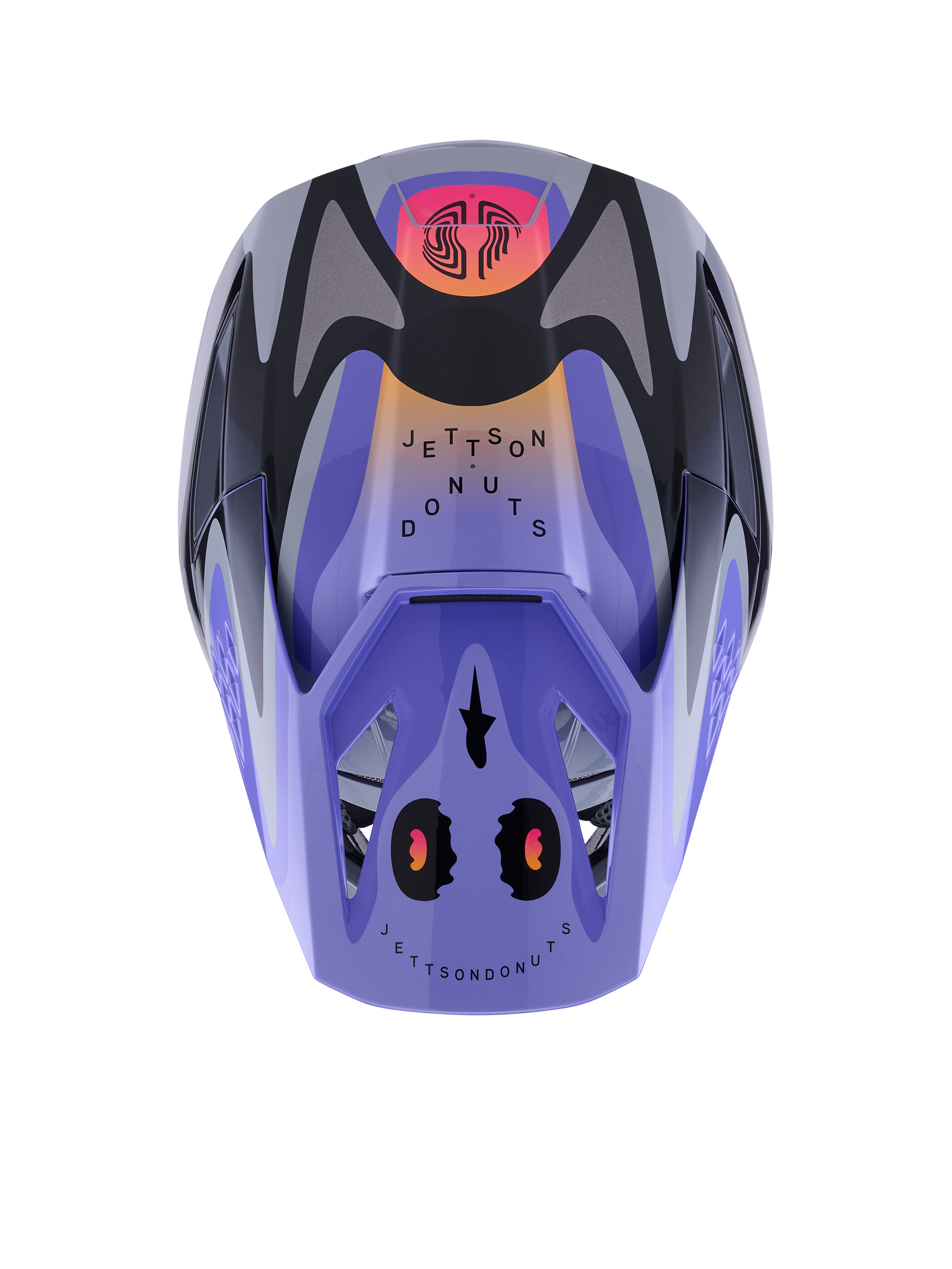 Casque enfant Alpinestars S-M3 Jettson, casque de motocross, gris, violet et noir brillant, vue de dessus présentant les motifs graphiques « Jettson Donuts » sur une base lavande, détails noirs et gris, et visière de protection