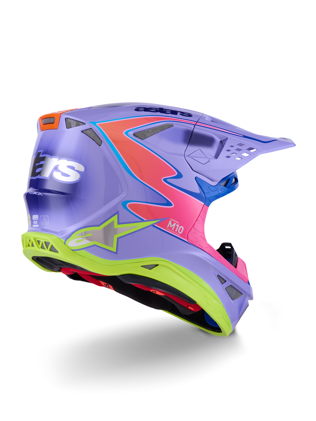 Alpinestars Supertech M10 Jett Lawrence R01 helm, motorcrosshelm, paars met roze en fluor gele accenten, opvallend grafisch ontwerp met Alpinestars-branding, aerodynamische schaal met ventilatieopeningen en een beschermend vizier.