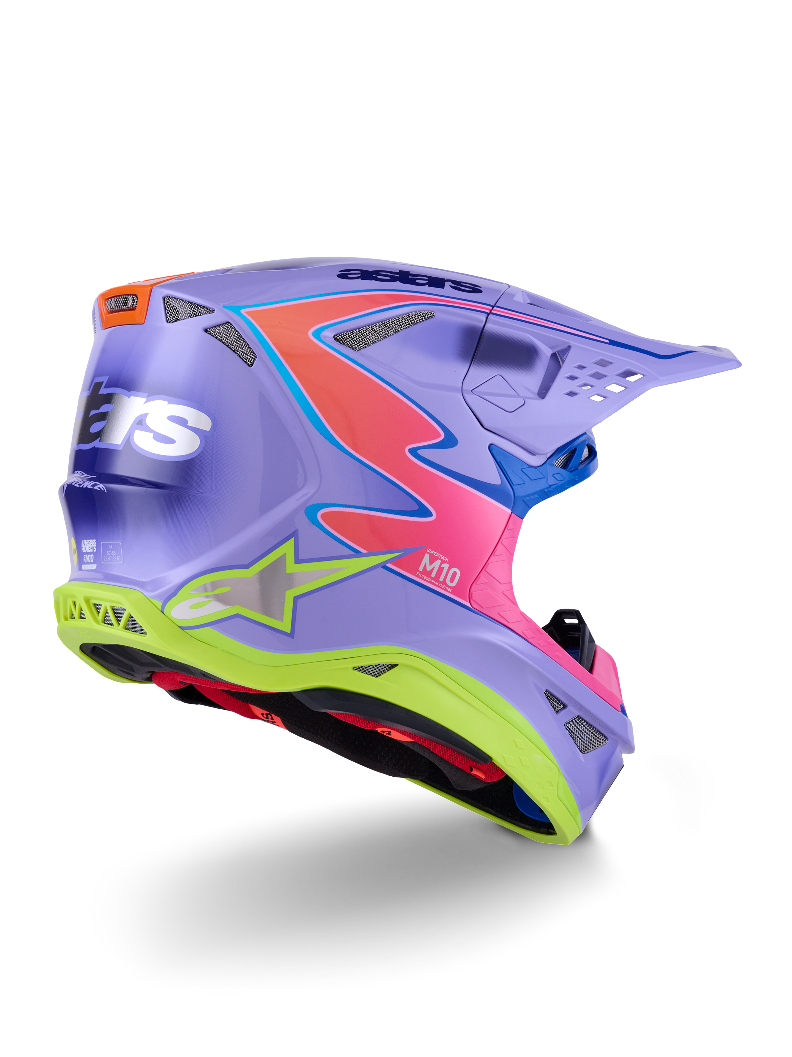 Alpinestars Supertech M10 Jett Lawrence R01 helm, motorcrosshelm, paars met roze en fluor gele accenten, opvallend grafisch ontwerp met Alpinestars-branding, aerodynamische schaal met ventilatieopeningen en een beschermend vizier.