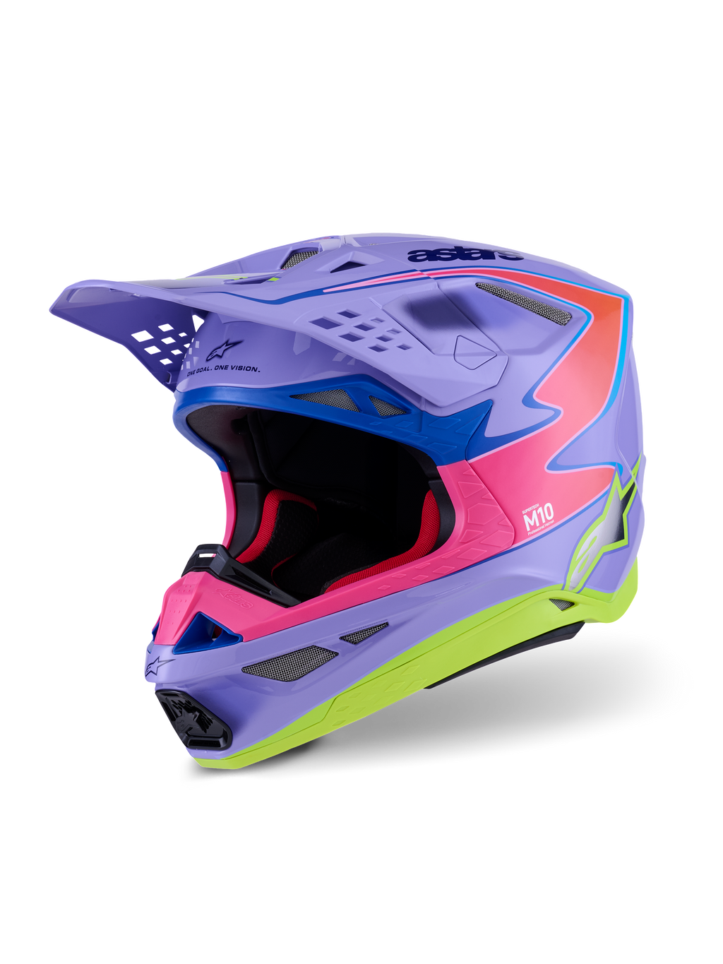 Alpinestars Supertech M10 Jett Lawrence R01 helm, motocrosshelm, glanzend paars, roze en fluorescerend geel, aerodynamisch ontwerp met multi-composiet carbon schaal, meerdere ventilatieopeningen en levendige race-graphics voor off-road prestaties