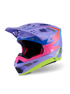 Alpinestars Supertech M10 Jett Lawrence R01 helm, motocrosshelm, glanzend paars, roze en fluorescerend geel, aerodynamisch ontwerp met multi-composiet carbon schaal, meerdere ventilatieopeningen en levendige race-graphics voor off-road prestaties
