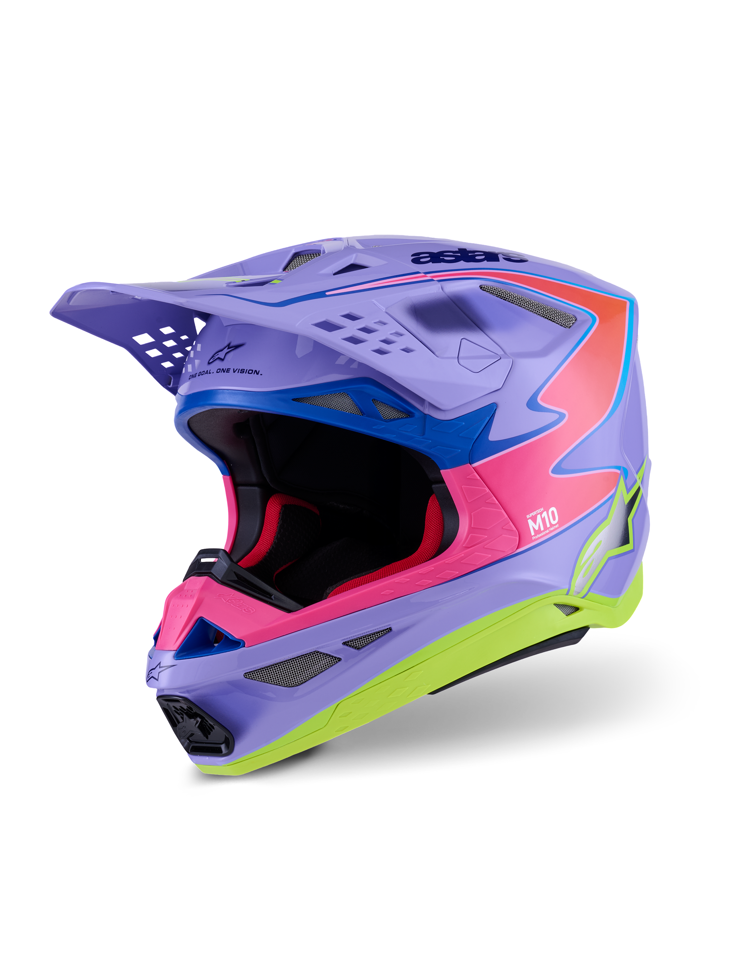 Alpinestars Supertech M10 Jett Lawrence R01 helm, motocrosshelm, glanzend paars, roze en fluorescerend geel, aerodynamisch ontwerp met multi-composiet carbon schaal, meerdere ventilatieopeningen en levendige race-graphics voor off-road prestaties