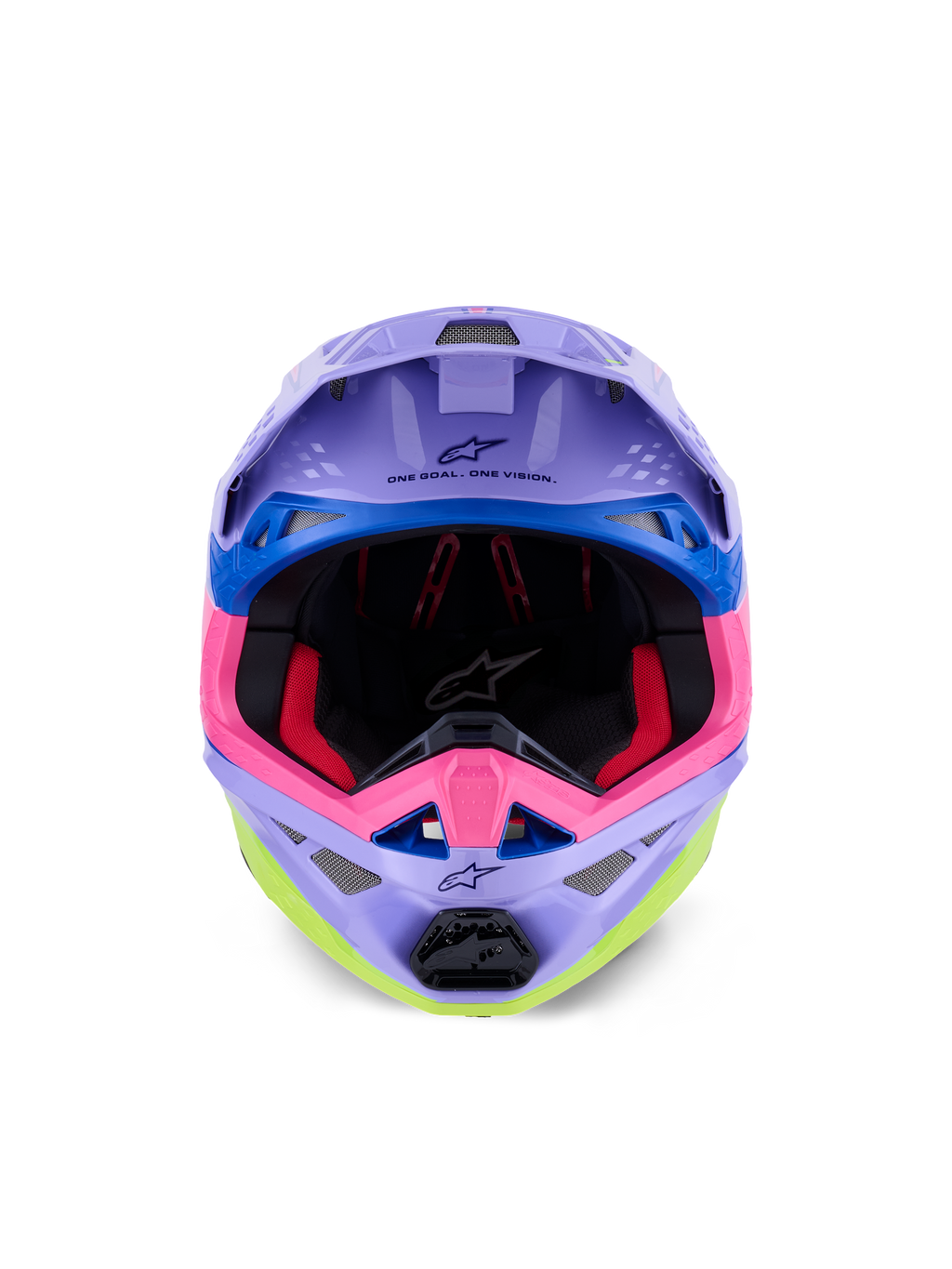 Alpinestars Supertech M10 Jett Lawrence R01 helm, motorcrosshelm, paars, roze en fluorgeel glanzend, vooraanzicht met zicht op de binnenvoering en het kinstuk, 'ONE GOAL. ONE VISION.' gedrukt onder de klep, kleurrijke race-graphics met blauwe accenten