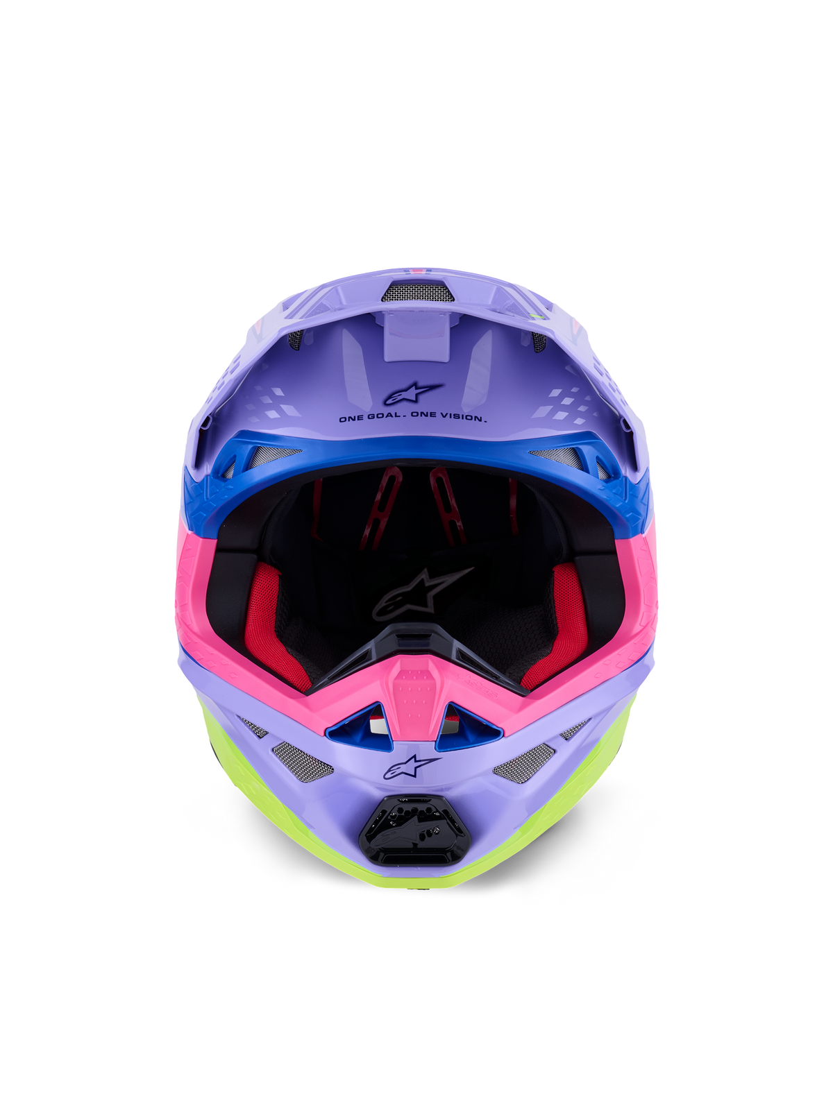 Alpinestars Supertech M10 Jett Lawrence R01 helm, motorcrosshelm, paars, roze en fluorgeel glanzend, vooraanzicht met zicht op de binnenvoering en het kinstuk, 'ONE GOAL. ONE VISION.' gedrukt onder de klep, kleurrijke race-graphics met blauwe accenten
