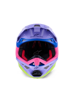 Alpinestars Supertech M10 Jett Lawrence R01 helm, motorcrosshelm, paars, roze en fluorgeel glanzend, vooraanzicht met zicht op de binnenvoering en het kinstuk, 'ONE GOAL. ONE VISION.' gedrukt onder de klep, kleurrijke race-graphics met blauwe accenten