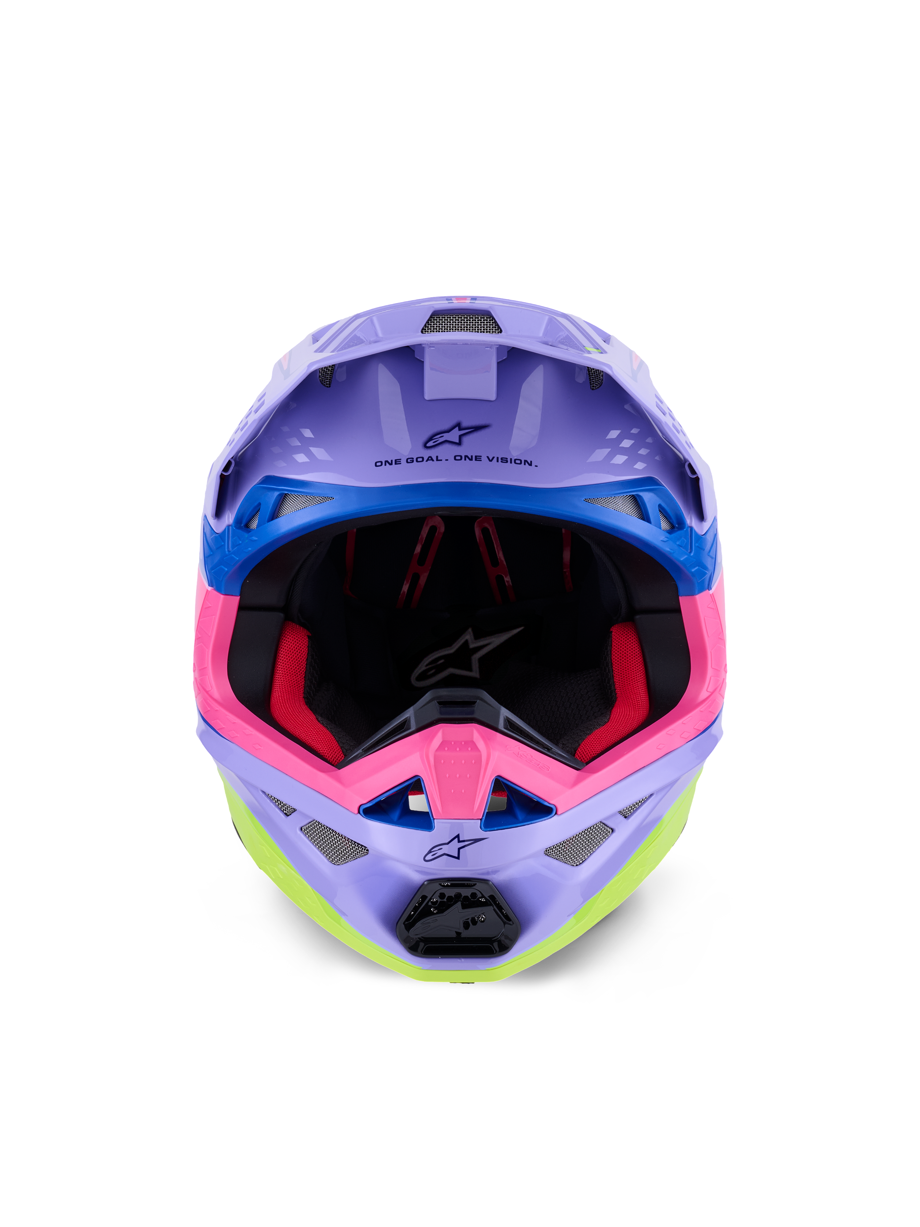Alpinestars Supertech M10 Jett Lawrence R01 helm, motorcrosshelm, paars, roze en fluorgeel glanzend, vooraanzicht met zicht op de binnenvoering en het kinstuk, 'ONE GOAL. ONE VISION.' gedrukt onder de klep, kleurrijke race-graphics met blauwe accenten