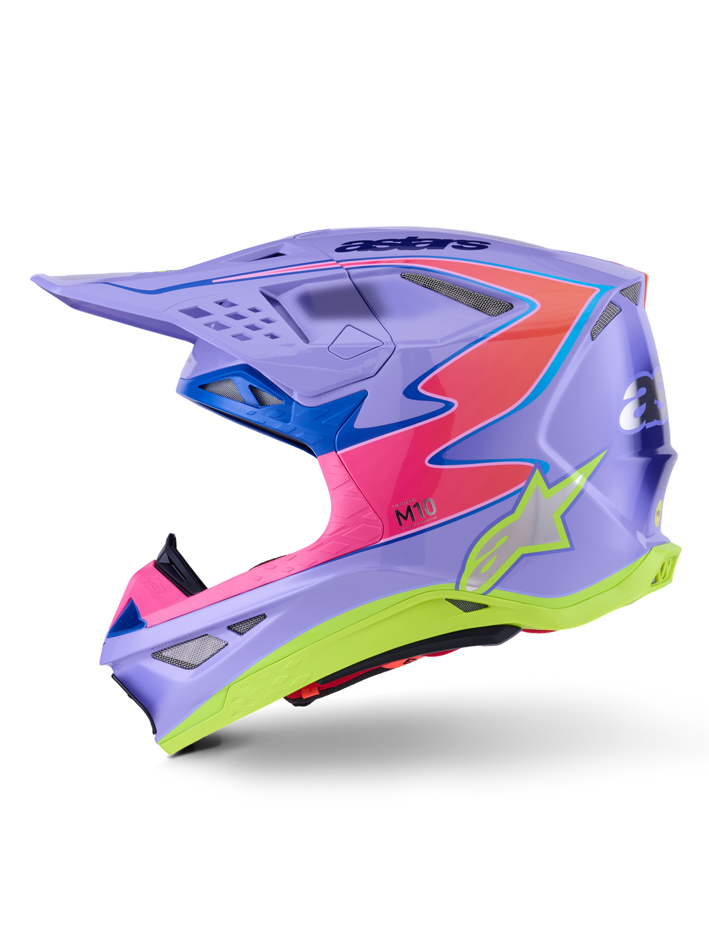 Alpinestars Supertech M10 Jett Lawrence R01 helm, motorcrosshelm, paars met roze en fluorgele accenten, zijaanzicht met een aerodynamische carbon schaal, zilveren sterlogo, meerdere ventilatieopeningen en een opvallend grafisch ontwerp voor professionele motorcrossraces.