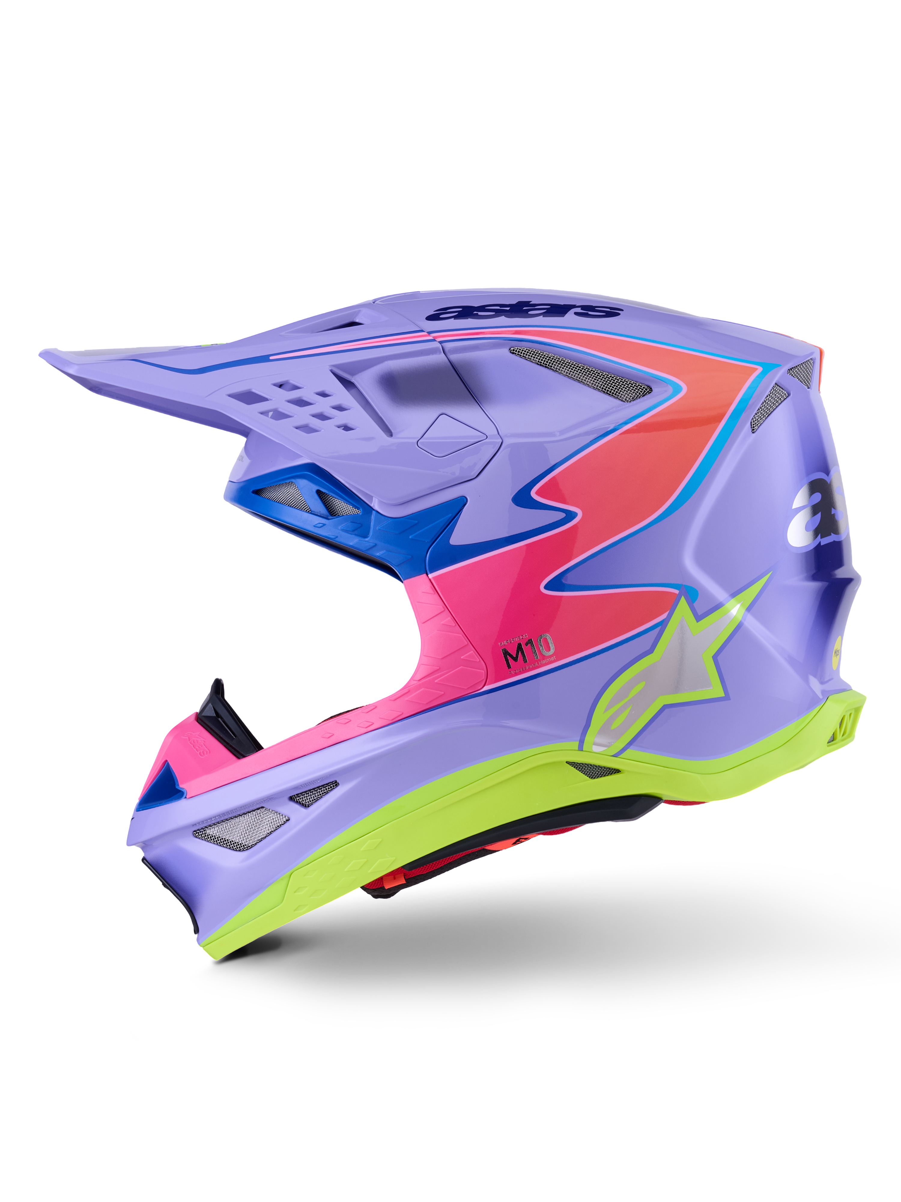 Alpinestars Supertech M10 Jett Lawrence R01 helm, motorcrosshelm, paars met roze en fluorgele accenten, zijaanzicht met een aerodynamische carbon schaal, zilveren sterlogo, meerdere ventilatieopeningen en een opvallend grafisch ontwerp voor professionele motorcrossraces.