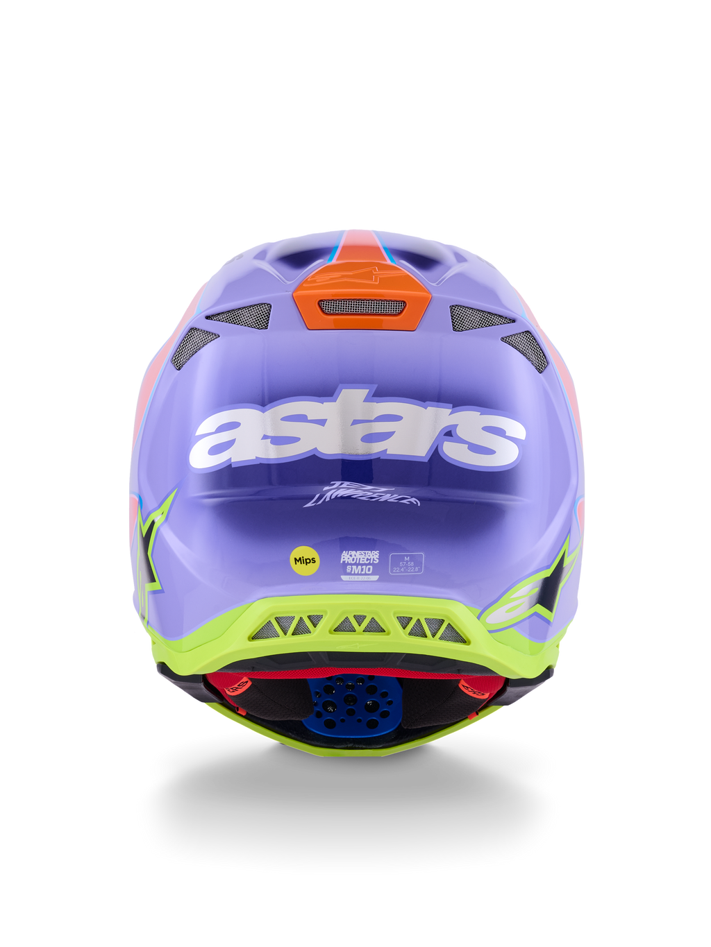 Alpinestars Supertech M10 Jett Lawrence R01 helm, motorcrosshelm, paars, roze en fluorescerend geel, achteraanzicht met opvallend wit astars-logo, handtekening van Jett Lawrence en meerdere ventilatieopeningen, gestroomlijnd aerodynamisch ontwerp voor off-road rijden