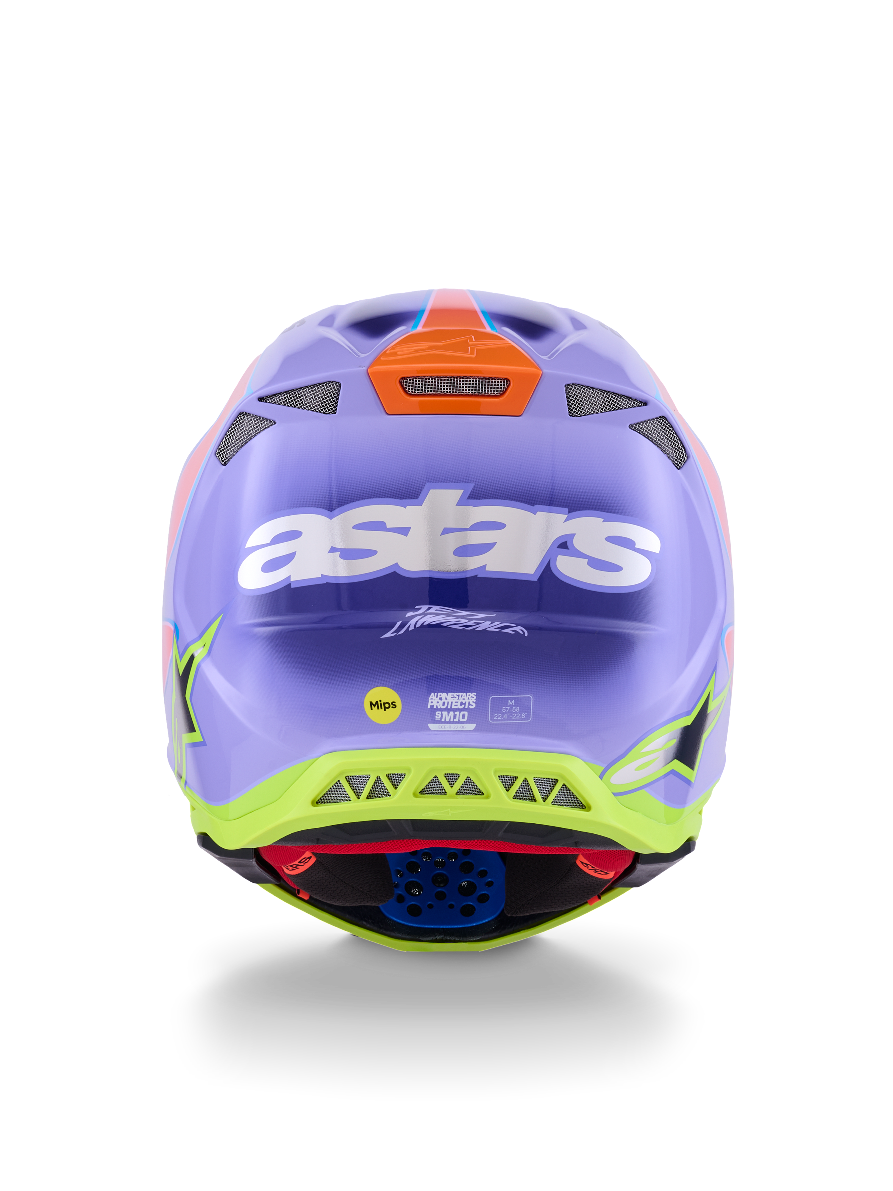 Alpinestars Supertech M10 Jett Lawrence R01 helm, motorcrosshelm, paars, roze en fluorescerend geel, achteraanzicht met opvallend wit astars-logo, handtekening van Jett Lawrence en meerdere ventilatieopeningen, gestroomlijnd aerodynamisch ontwerp voor off-road rijden