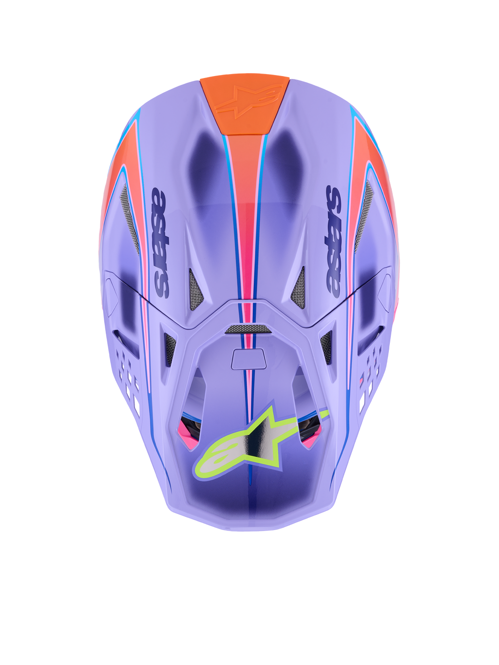 Alpinestars Supertech M10 Jett Lawrence R01 helm, motocrosshelm, paars met roze en oranje graphics, bovenaanzicht met ventilatieopeningen en aerodynamische schaal, neongeel sterlogo op het vizier, geavanceerde koolstofvezelconstructie voor off-road racen