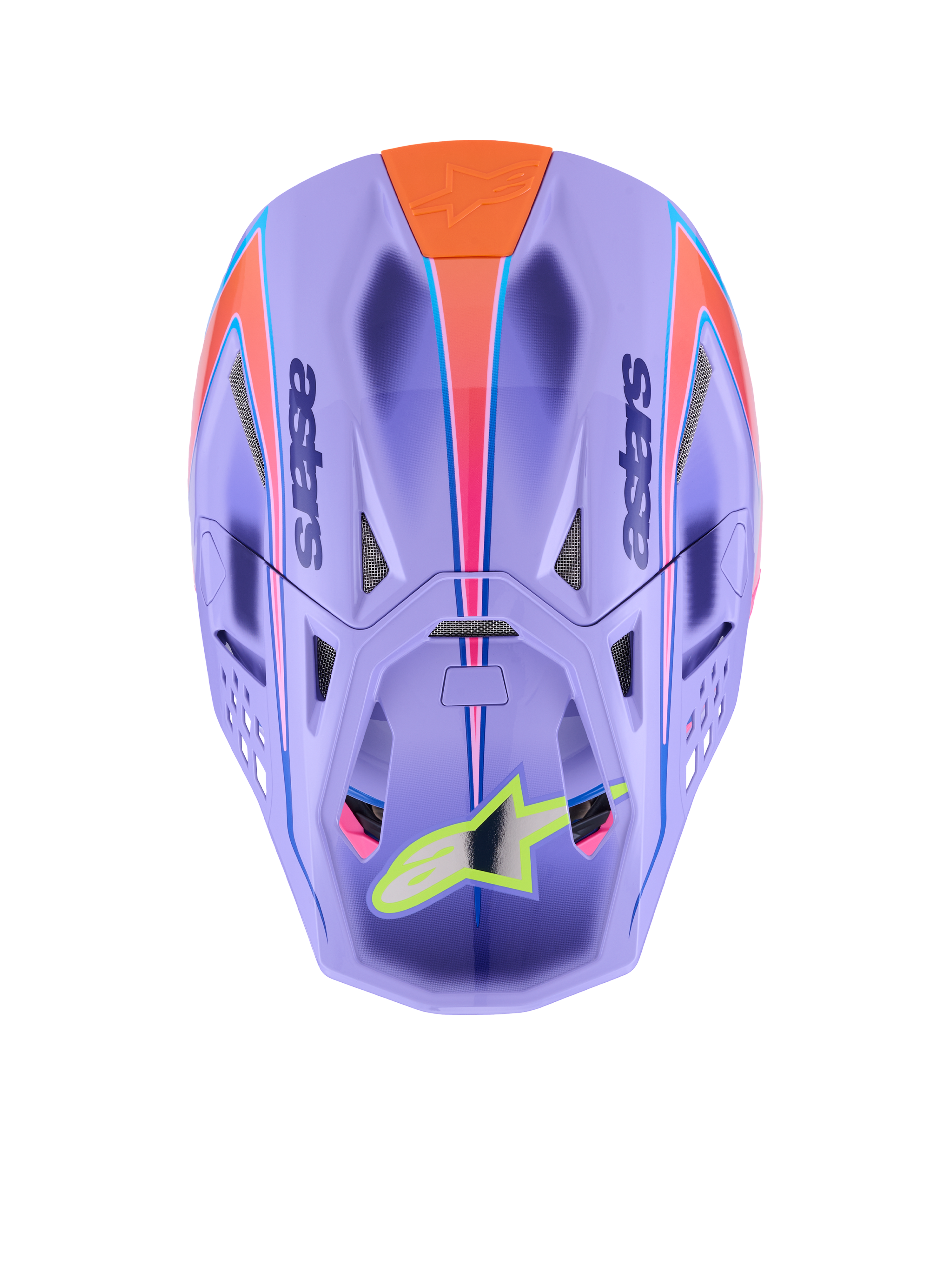 Alpinestars Supertech M10 Jett Lawrence R01 helm, motocrosshelm, paars met roze en oranje graphics, bovenaanzicht met ventilatieopeningen en aerodynamische schaal, neongeel sterlogo op het vizier, geavanceerde koolstofvezelconstructie voor off-road racen