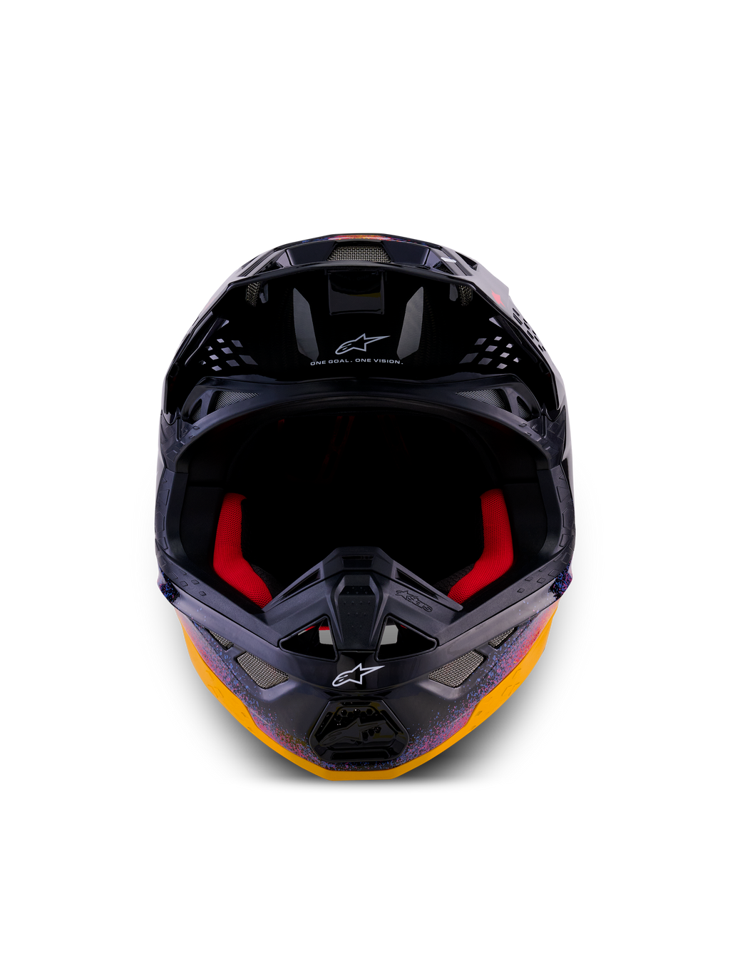 Alpinestars Limited Edition Supertech M10 Black Hole, casque de motocross, Black Burst Glossy avec graphismes galactiques orange et violets éclatants, vue de face montrant le rembourrage intérieur rouge et les orifices de ventilation