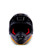 Alpinestars Limited Edition Supertech M10 Black Hole, casque de motocross, Black Burst Glossy avec graphismes galactiques orange et violets éclatants, vue de face montrant le rembourrage intérieur rouge et les orifices de ventilation
