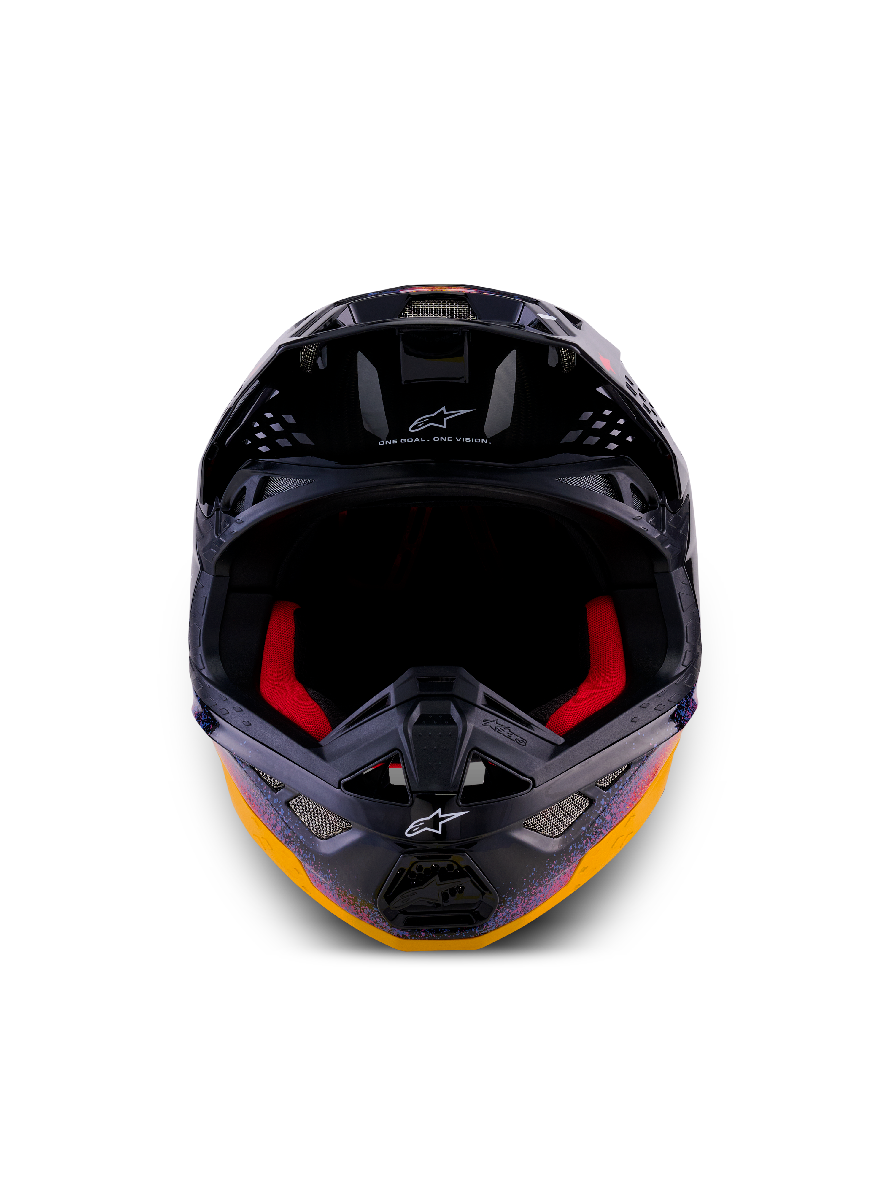 Alpinestars Limited Edition Supertech M10 Black Hole, casque de motocross, Black Burst Glossy avec graphismes galactiques orange et violets éclatants, vue de face montrant le rembourrage intérieur rouge et les orifices de ventilation