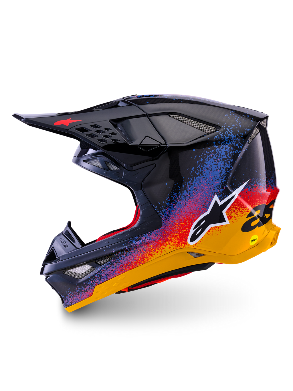 Casque Alpinestars Supertech M10 Black Hole en édition limitée, casque de motocross, finition brillante Black Burst avec éclaboussures en dégradé de bleu, rouge et jaune éclatants, vue de profil latéral montrant le logo Astars blanc et les textures de la coque en fibre de carbone.